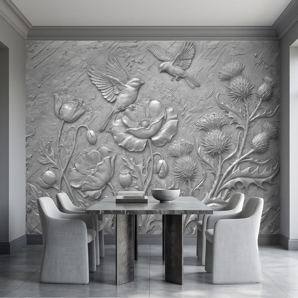 Wildflower Meadow Peel and Stick Wall Mural, Embossed Botanical Relief Poppies Thistles and Songbirds Sculpted Nature Wallpaper