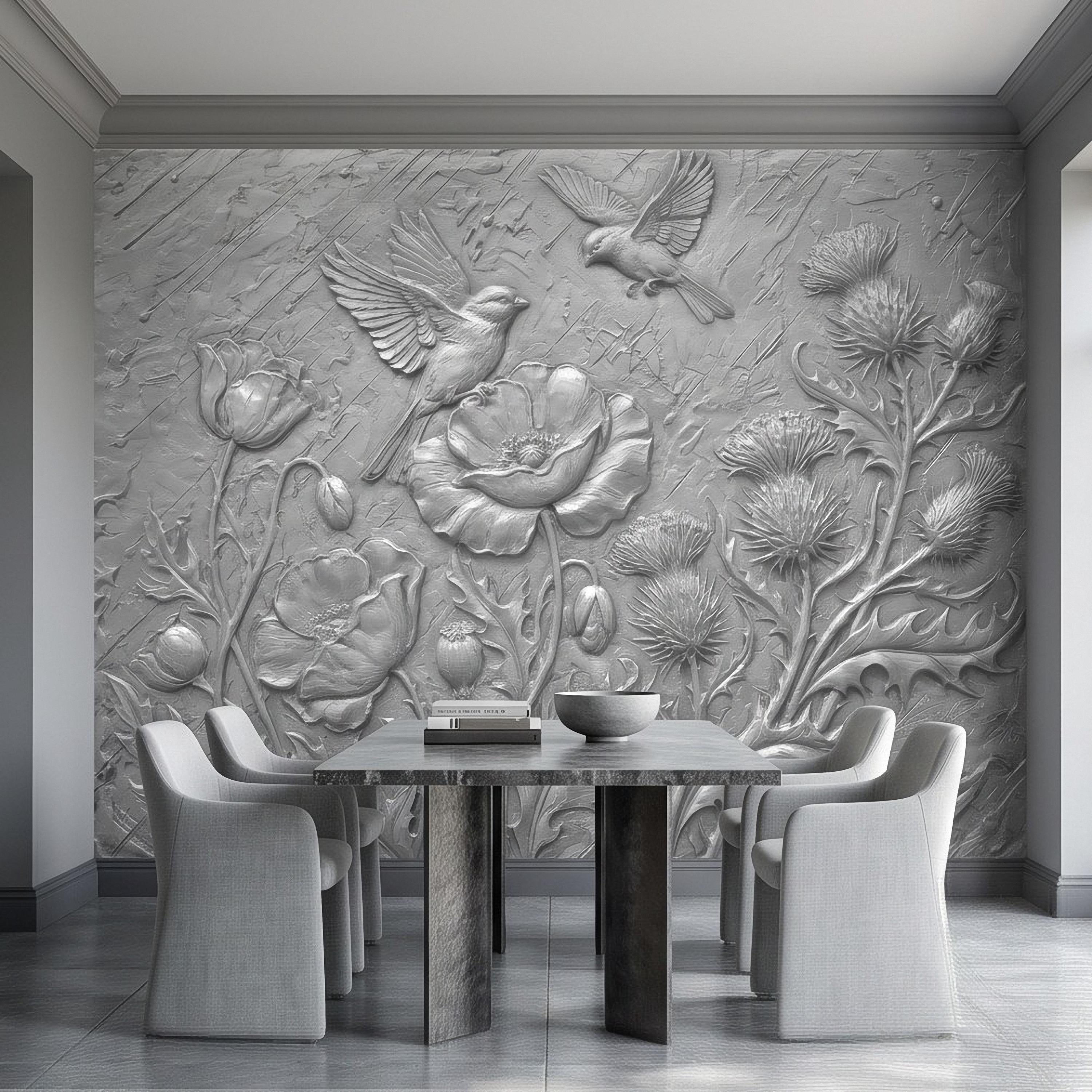 Wildflower Meadow Peel and Stick Wall Mural, Embossed Botanical Relief Poppies Thistles and Songbirds Sculpted Nature Wallpaper