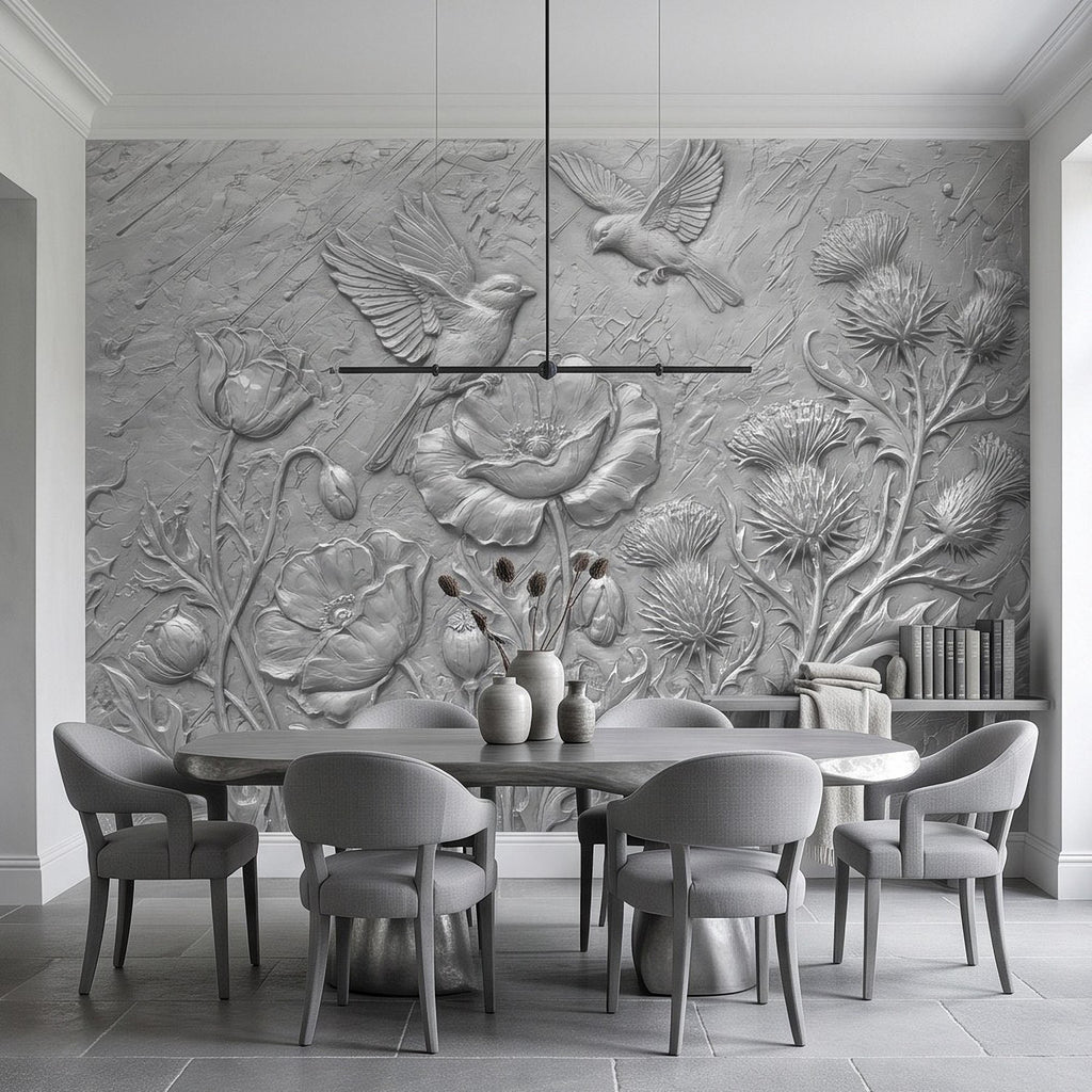 Wildflower Meadow Peel and Stick Wall Mural, Embossed Botanical Relief Poppies Thistles and Songbirds Sculpted Nature Wallpaper