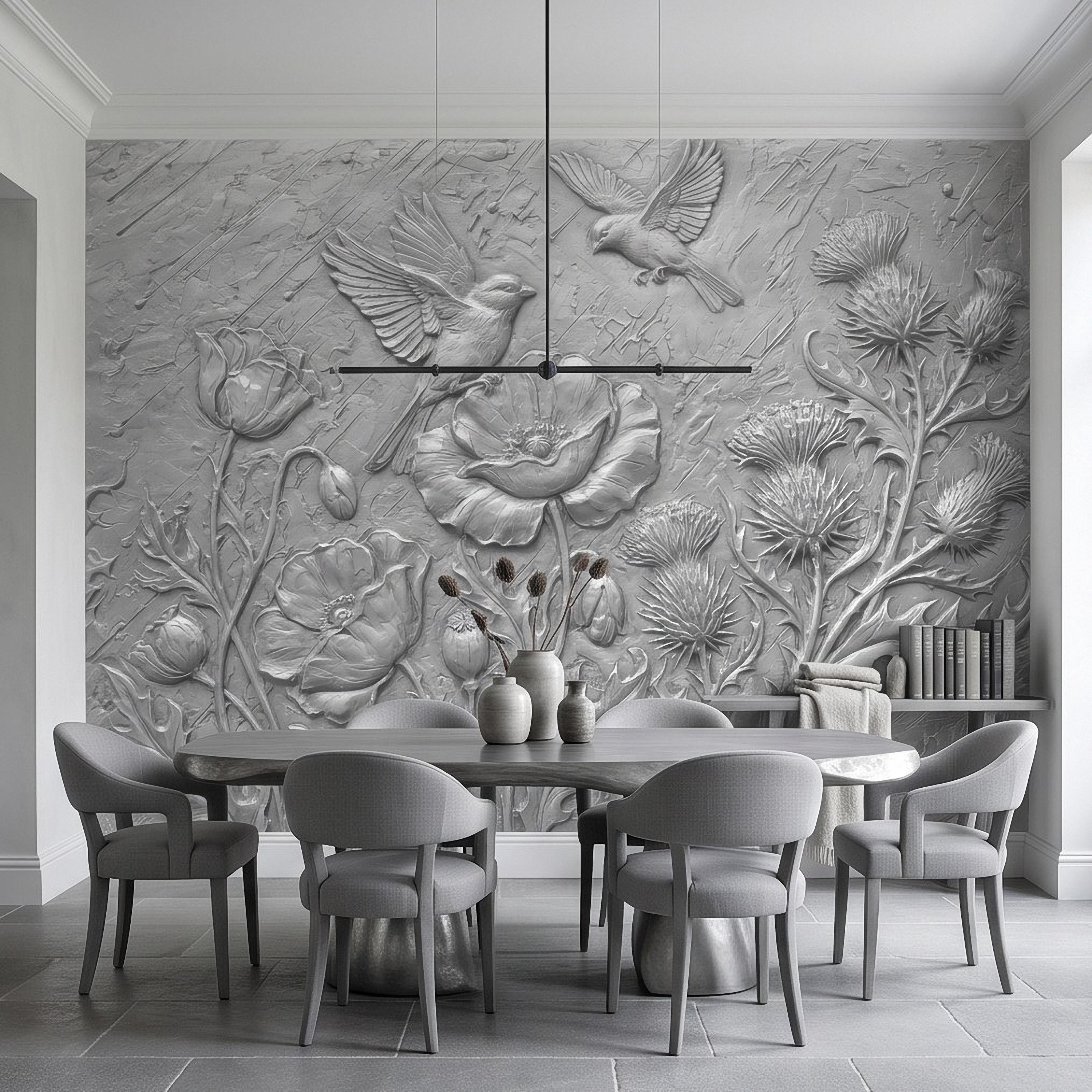 Wildflower Meadow Peel and Stick Wall Mural, Embossed Botanical Relief Poppies Thistles and Songbirds Sculpted Nature Wallpaper