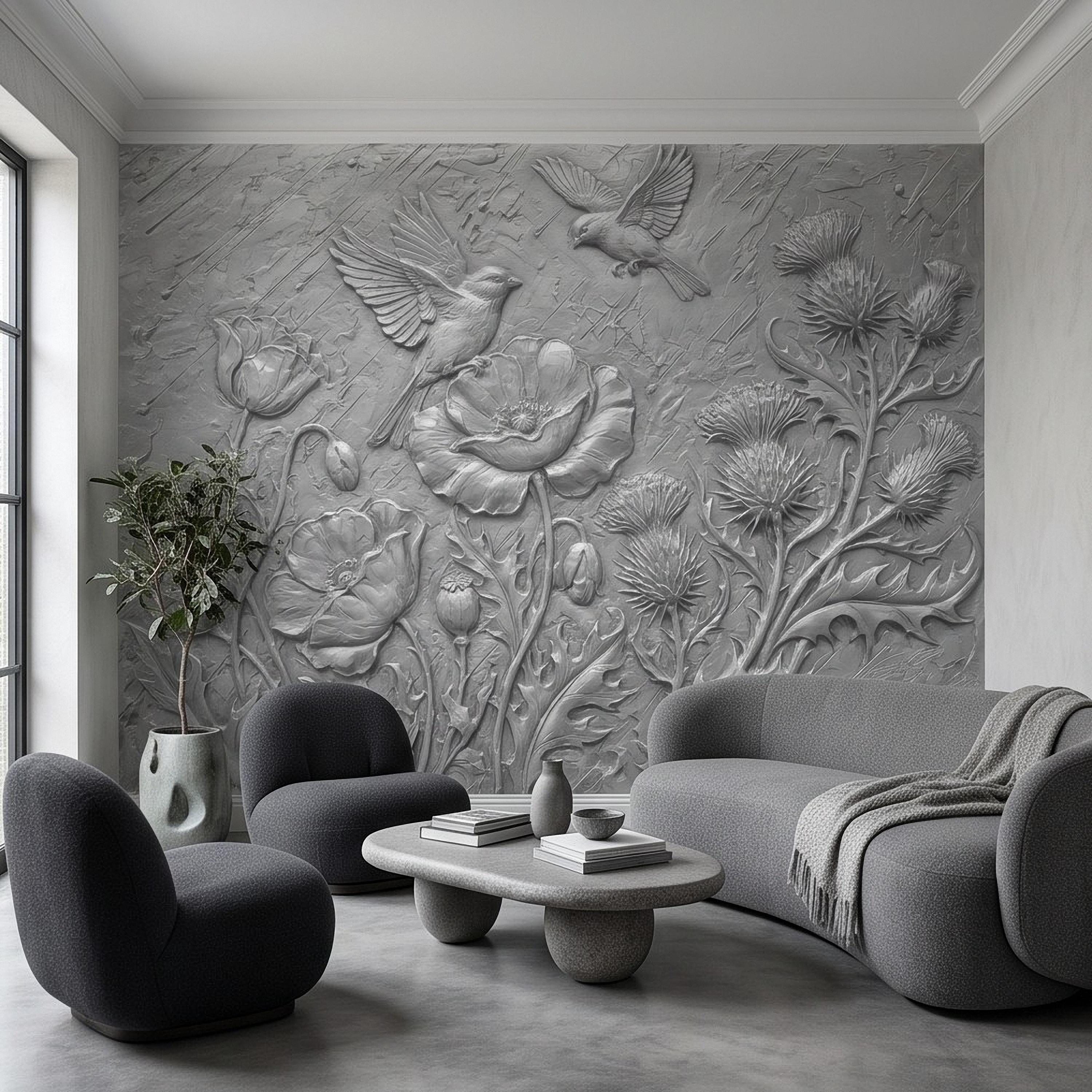 Wildflower Meadow Peel and Stick Wall Mural, Embossed Botanical Relief Poppies Thistles and Songbirds Sculpted Nature Wallpaper