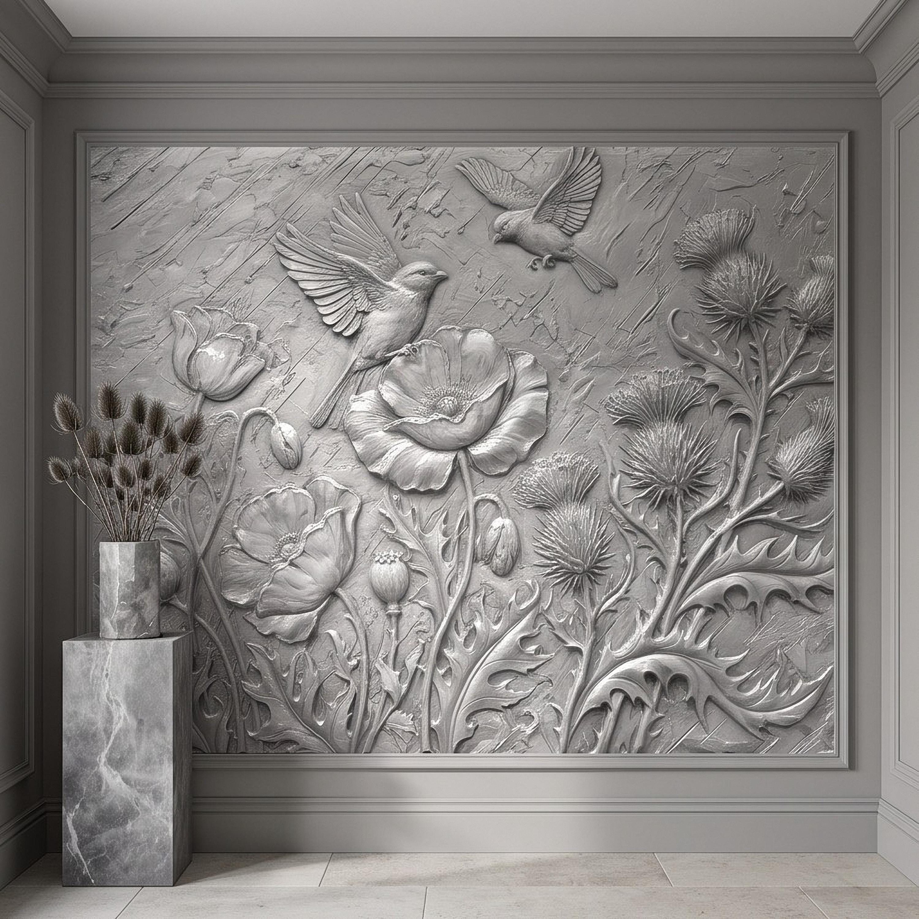 Wildflower Meadow Peel and Stick Wall Mural, Embossed Botanical Relief Poppies Thistles and Songbirds Sculpted Nature Wallpaper