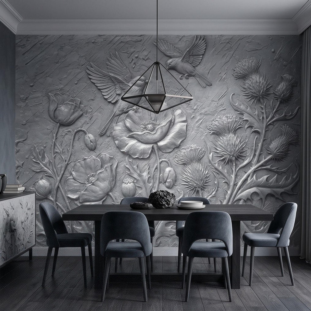 Wildflower Meadow Peel and Stick Wall Mural, Embossed Botanical Relief Poppies Thistles and Songbirds Sculpted Nature Wallpaper
