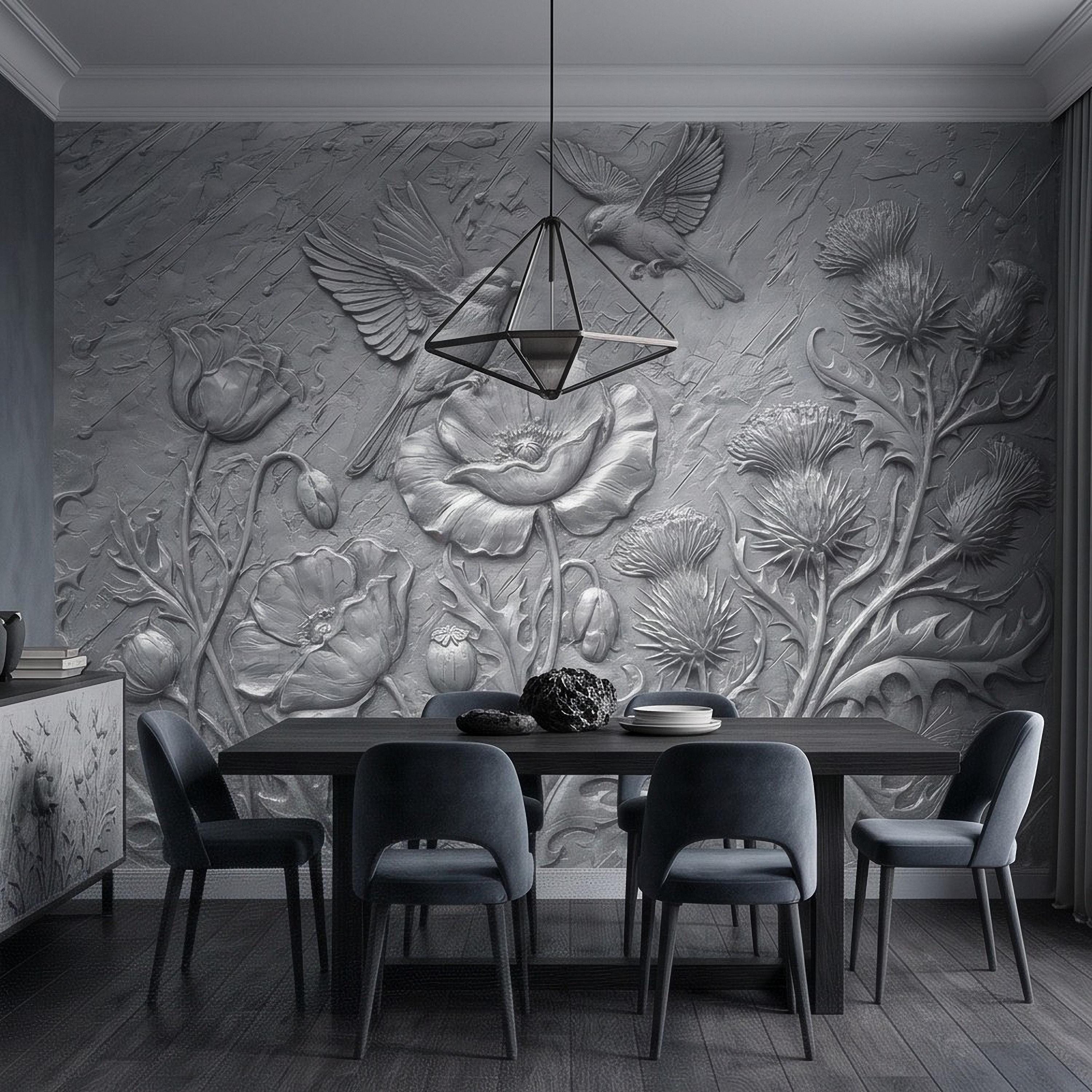 Wildflower Meadow Peel and Stick Wall Mural, Embossed Botanical Relief Poppies Thistles and Songbirds Sculpted Nature Wallpaper