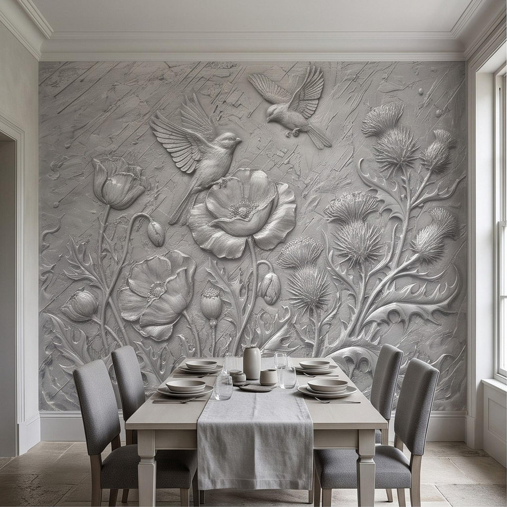 Wildflower Meadow Peel and Stick Wall Mural, Embossed Botanical Relief Poppies Thistles and Songbirds Sculpted Nature Wallpaper