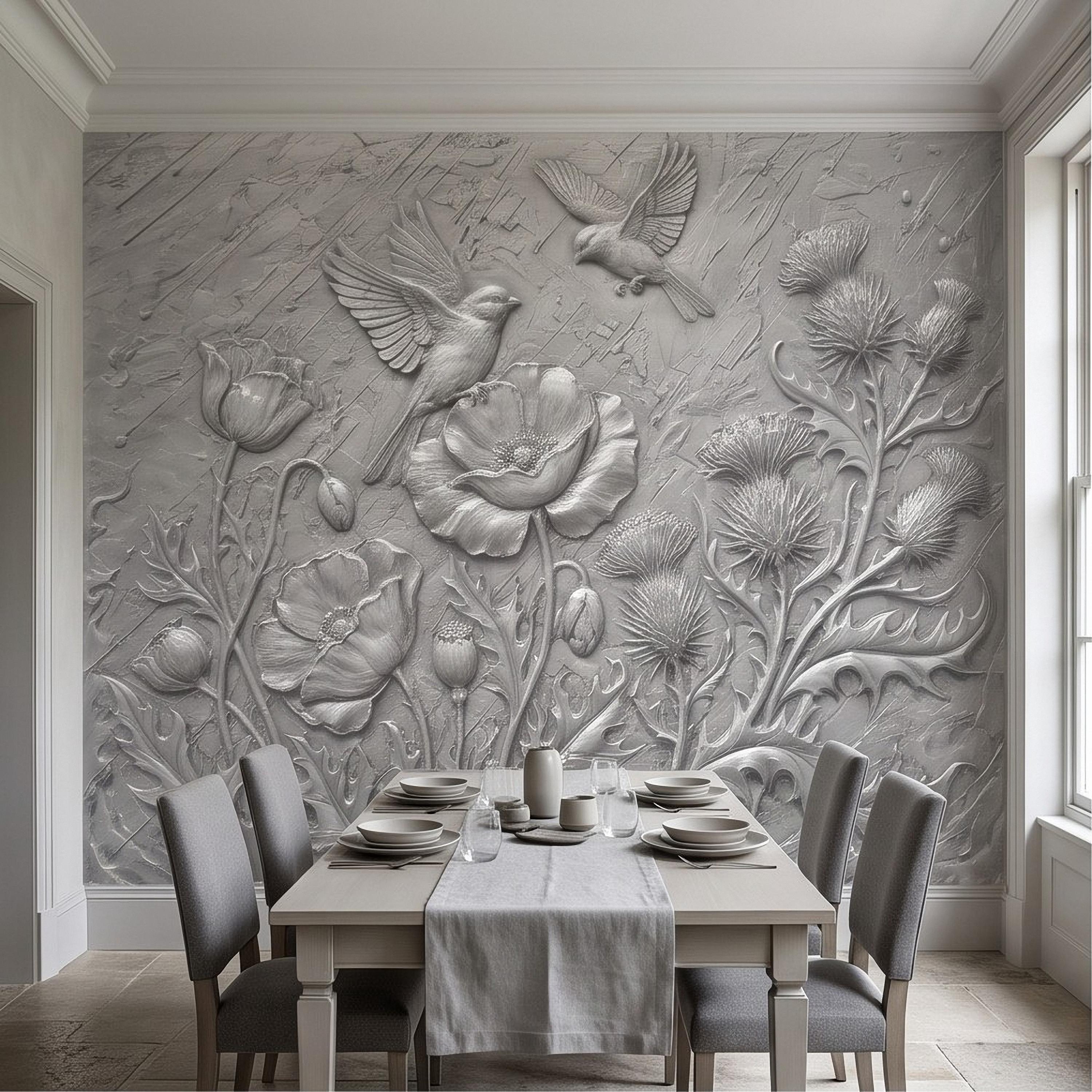 Wildflower Meadow Peel and Stick Wall Mural, Embossed Botanical Relief Poppies Thistles and Songbirds Sculpted Nature Wallpaper