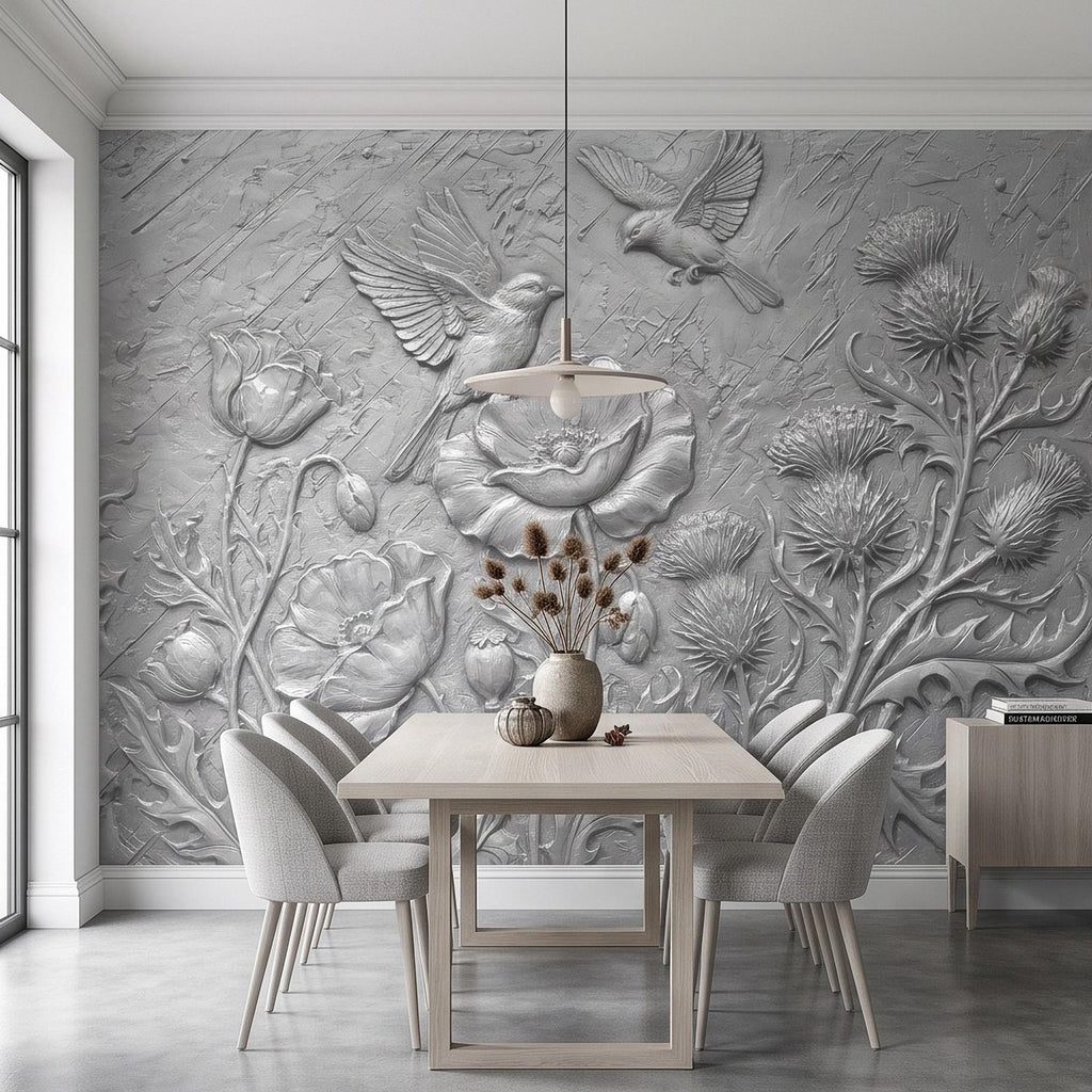 Wildflower Meadow Peel and Stick Wall Mural, Embossed Botanical Relief Poppies Thistles and Songbirds Sculpted Nature Wallpaper