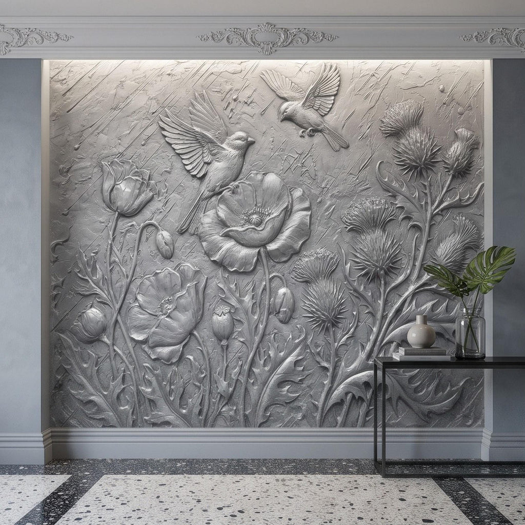 Wildflower Meadow Peel and Stick Wall Mural, Embossed Botanical Relief Poppies Thistles and Songbirds Sculpted Nature Wallpaper