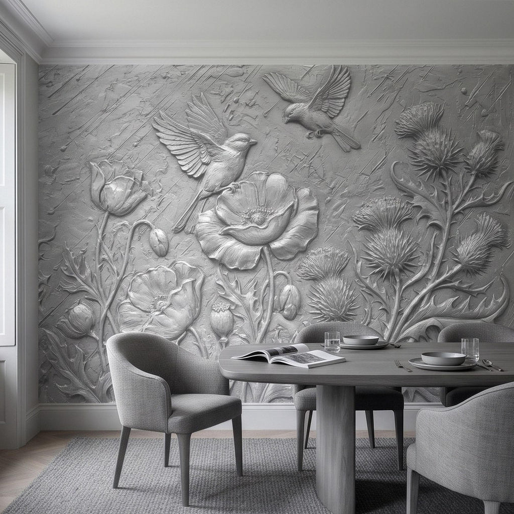 Wildflower Meadow Peel and Stick Wall Mural, Embossed Botanical Relief Poppies Thistles and Songbirds Sculpted Nature Wallpaper
