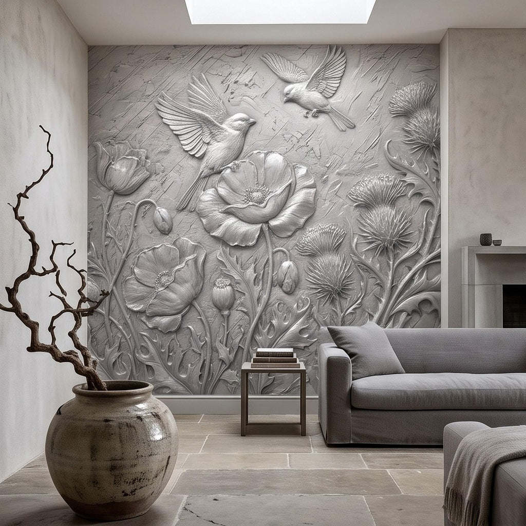 Wildflower Meadow Peel and Stick Wall Mural, Embossed Botanical Relief Poppies Thistles and Songbirds Sculpted Nature Wallpaper