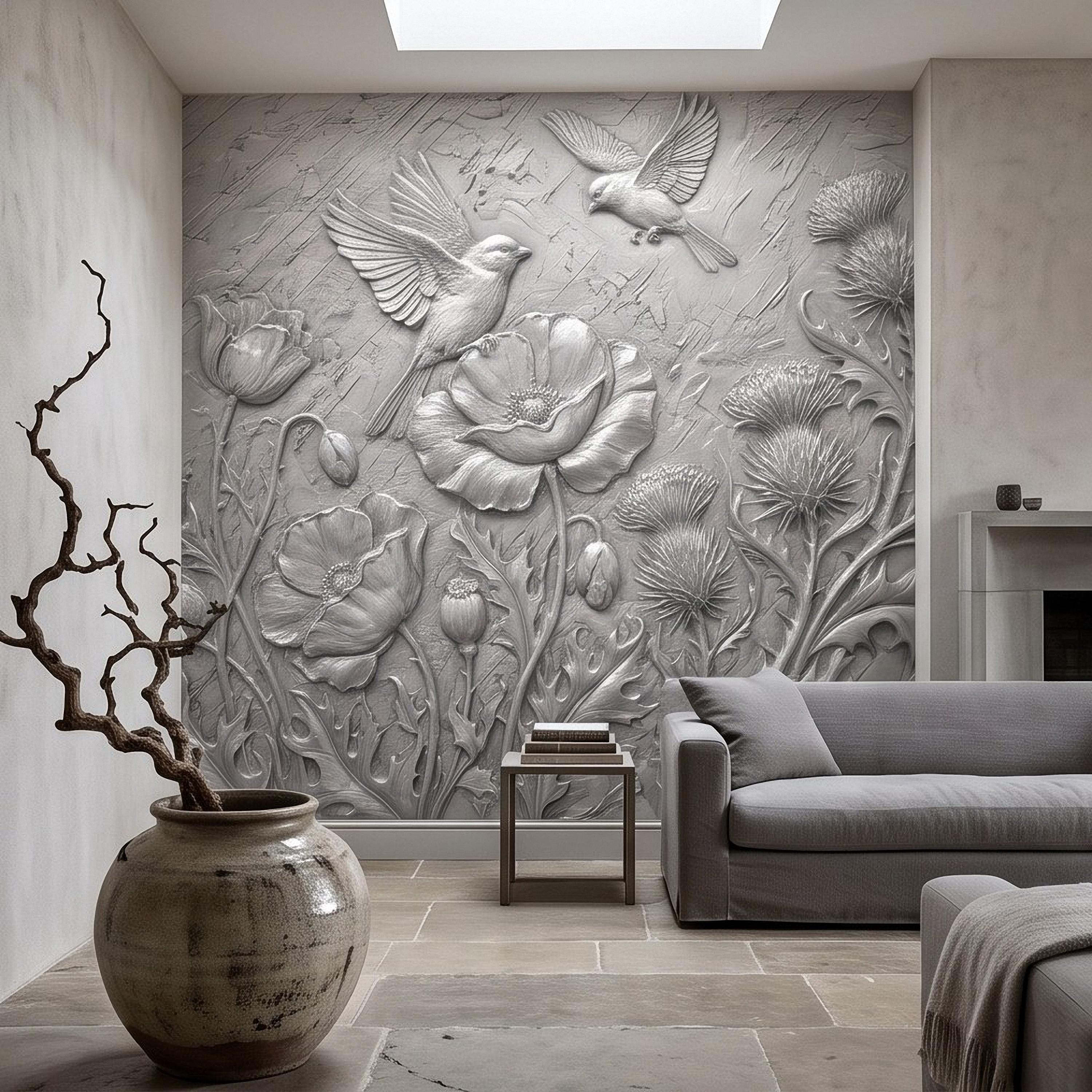 Wildflower Meadow Peel and Stick Wall Mural, Embossed Botanical Relief Poppies Thistles and Songbirds Sculpted Nature Wallpaper