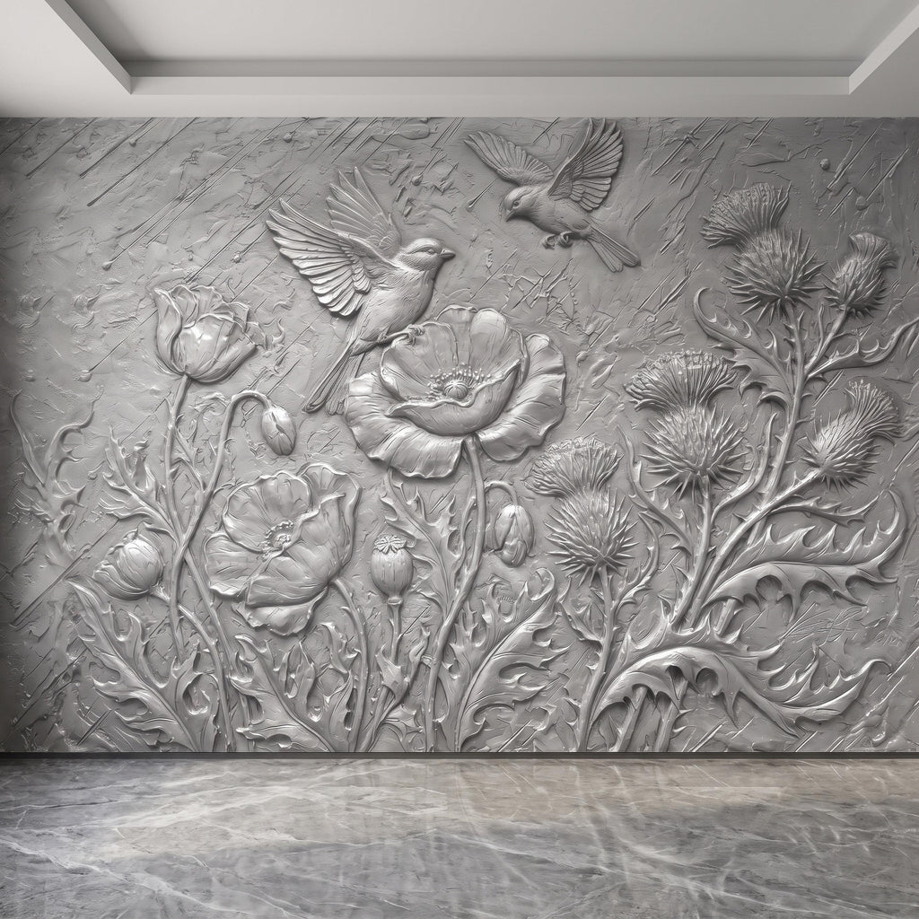 Wildflower Meadow Peel and Stick Wall Mural, Embossed Botanical Relief Poppies Thistles and Songbirds Sculpted Nature Wallpaper
