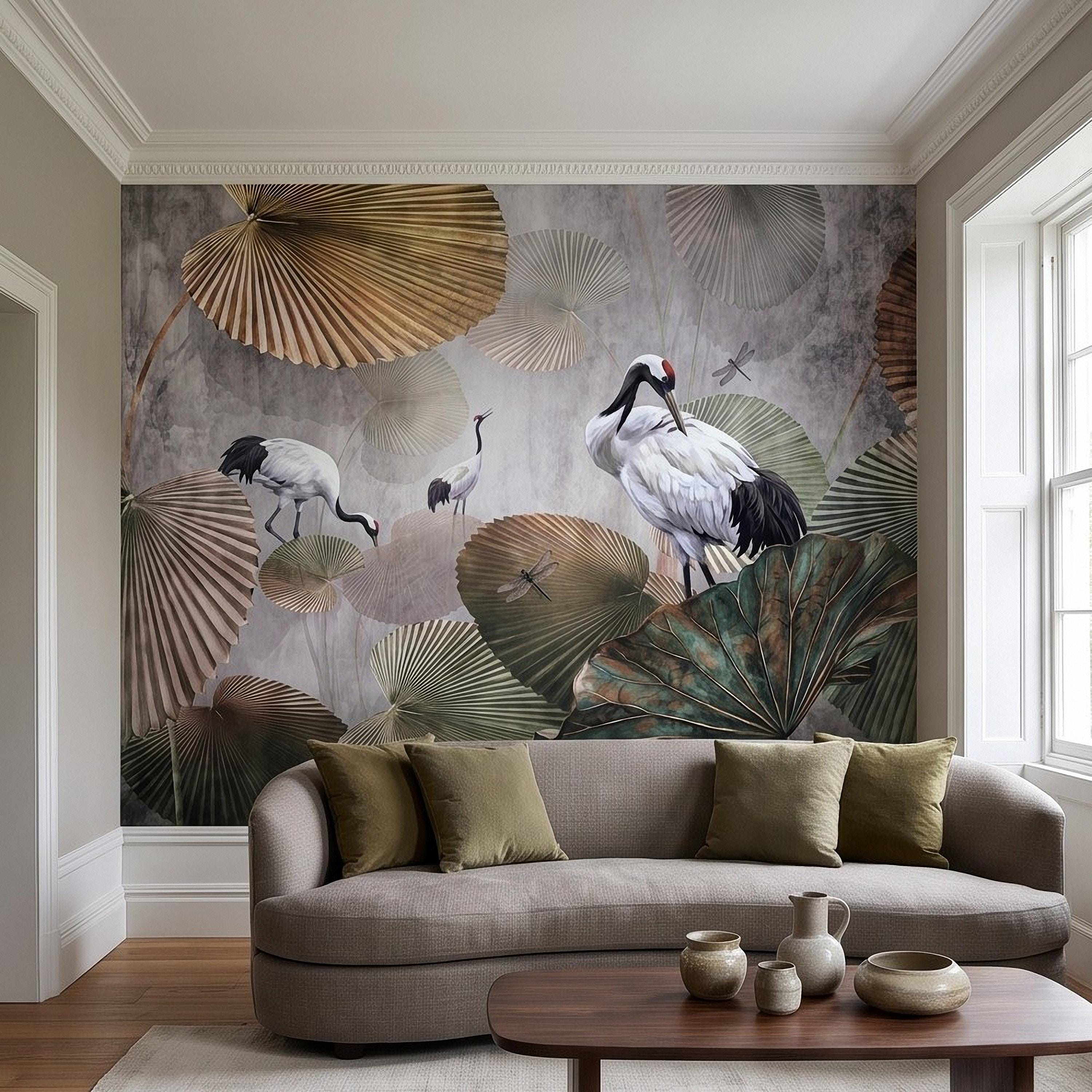 Red Crowned Crane Peel and Stick Wall Mural, Japanese Fan Palm Leaves Dragonflies Oriental Nature Wallpaper