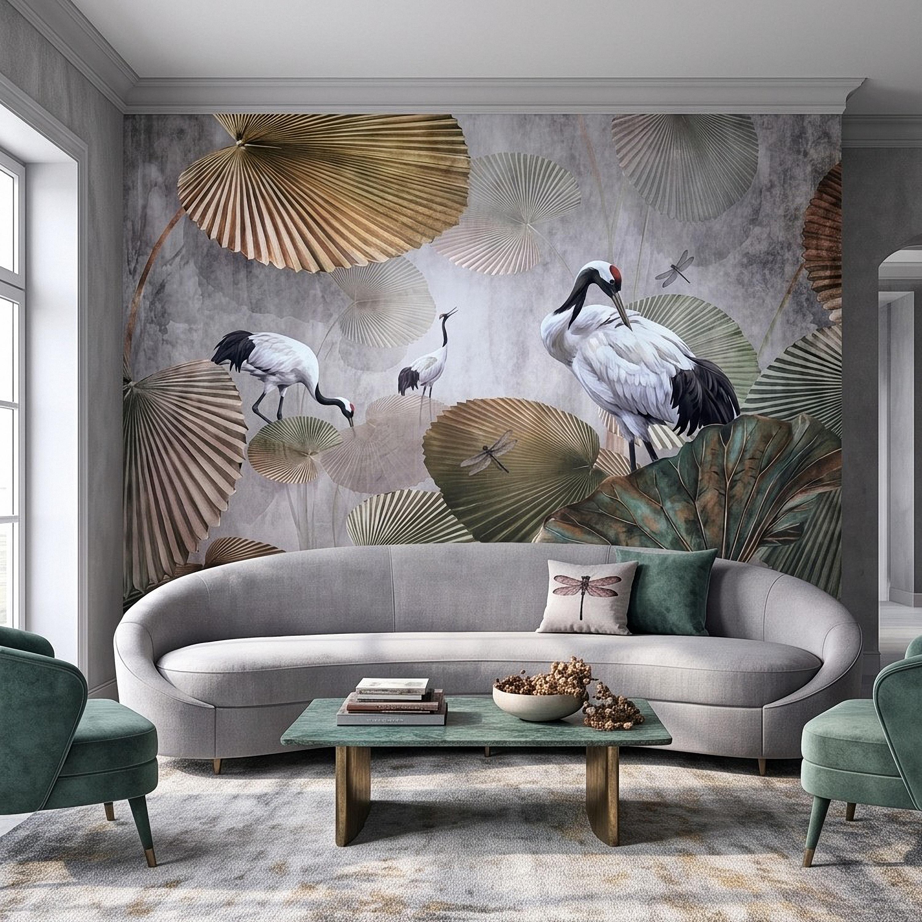 Red Crowned Crane Peel and Stick Wall Mural, Japanese Fan Palm Leaves Dragonflies Oriental Nature Wallpaper
