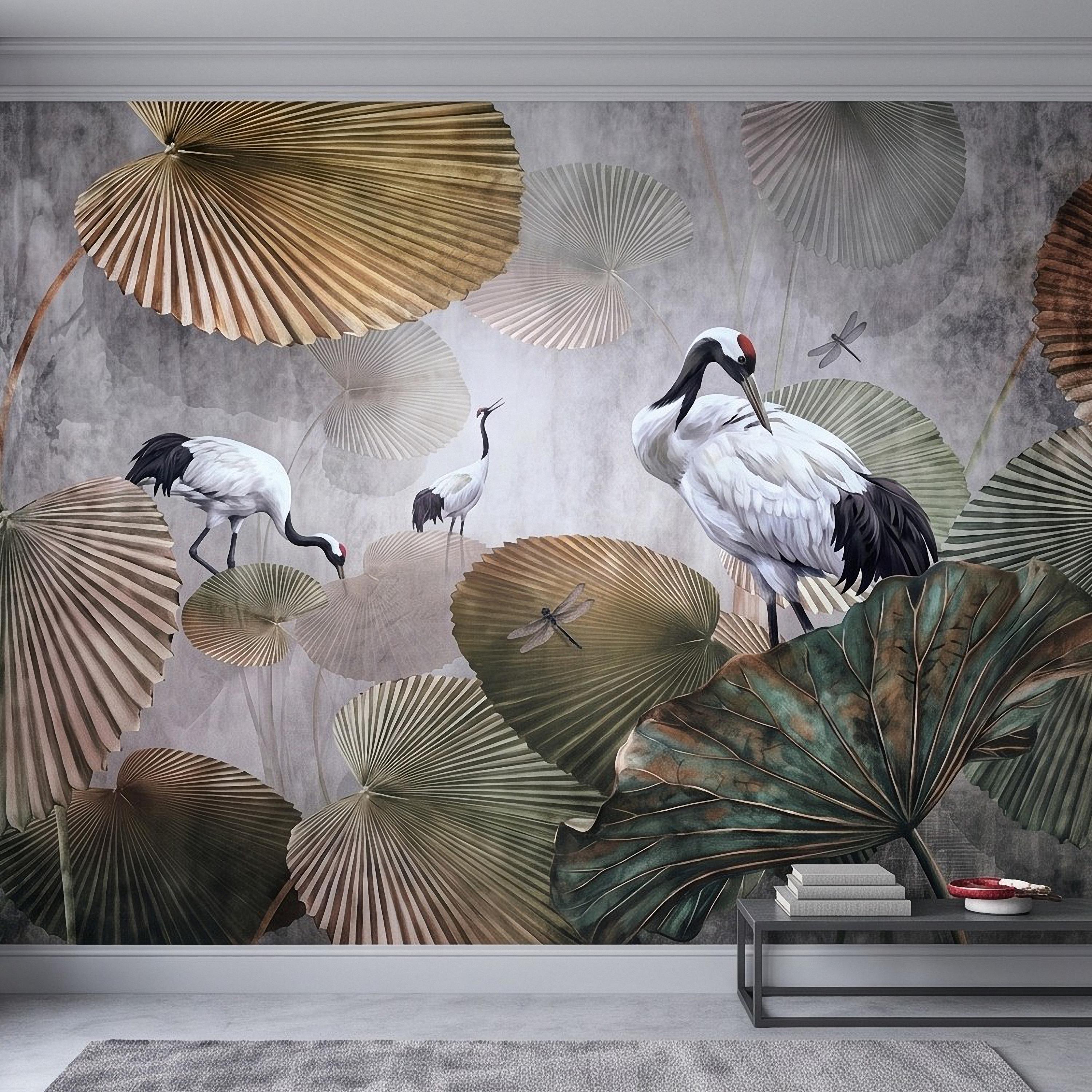 Red Crowned Crane Peel and Stick Wall Mural, Japanese Fan Palm Leaves Dragonflies Oriental Nature Wallpaper