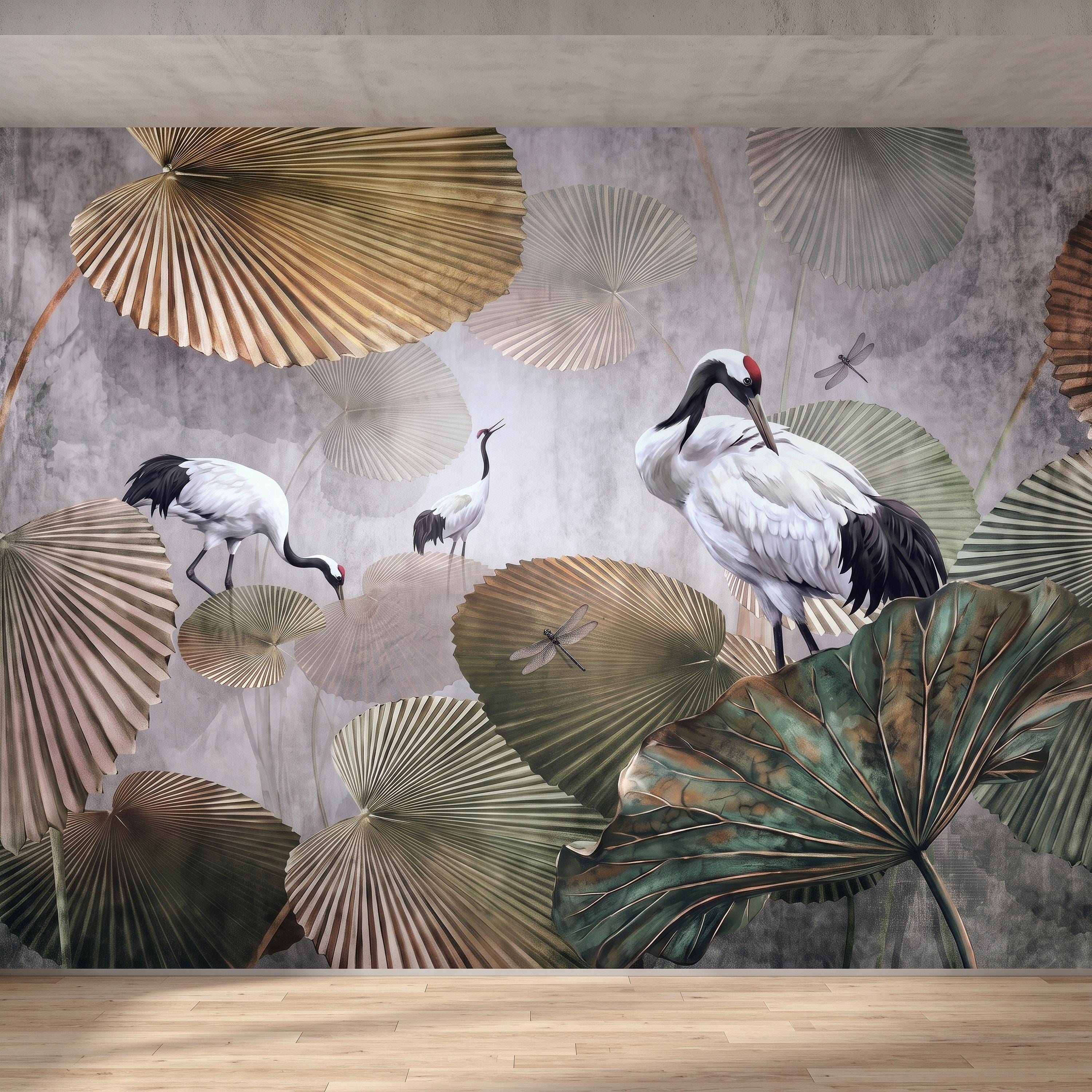 Red Crowned Crane Peel and Stick Wall Mural, Japanese Fan Palm Leaves Dragonflies Oriental Nature Wallpaper