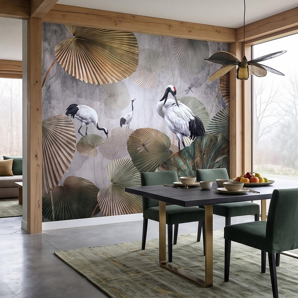 Red Crowned Crane Peel and Stick Wall Mural, Japanese Fan Palm Leaves Dragonflies Oriental Nature Wallpaper