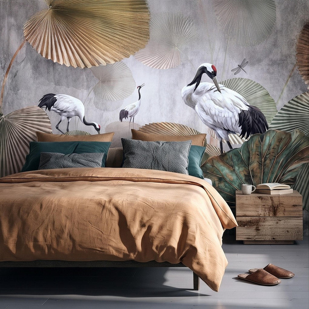 Red Crowned Crane Peel and Stick Wall Mural, Japanese Fan Palm Leaves Dragonflies Oriental Nature Wallpaper