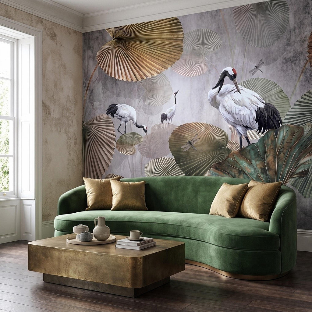 Red Crowned Crane Peel and Stick Wall Mural, Japanese Fan Palm Leaves Dragonflies Oriental Nature Wallpaper