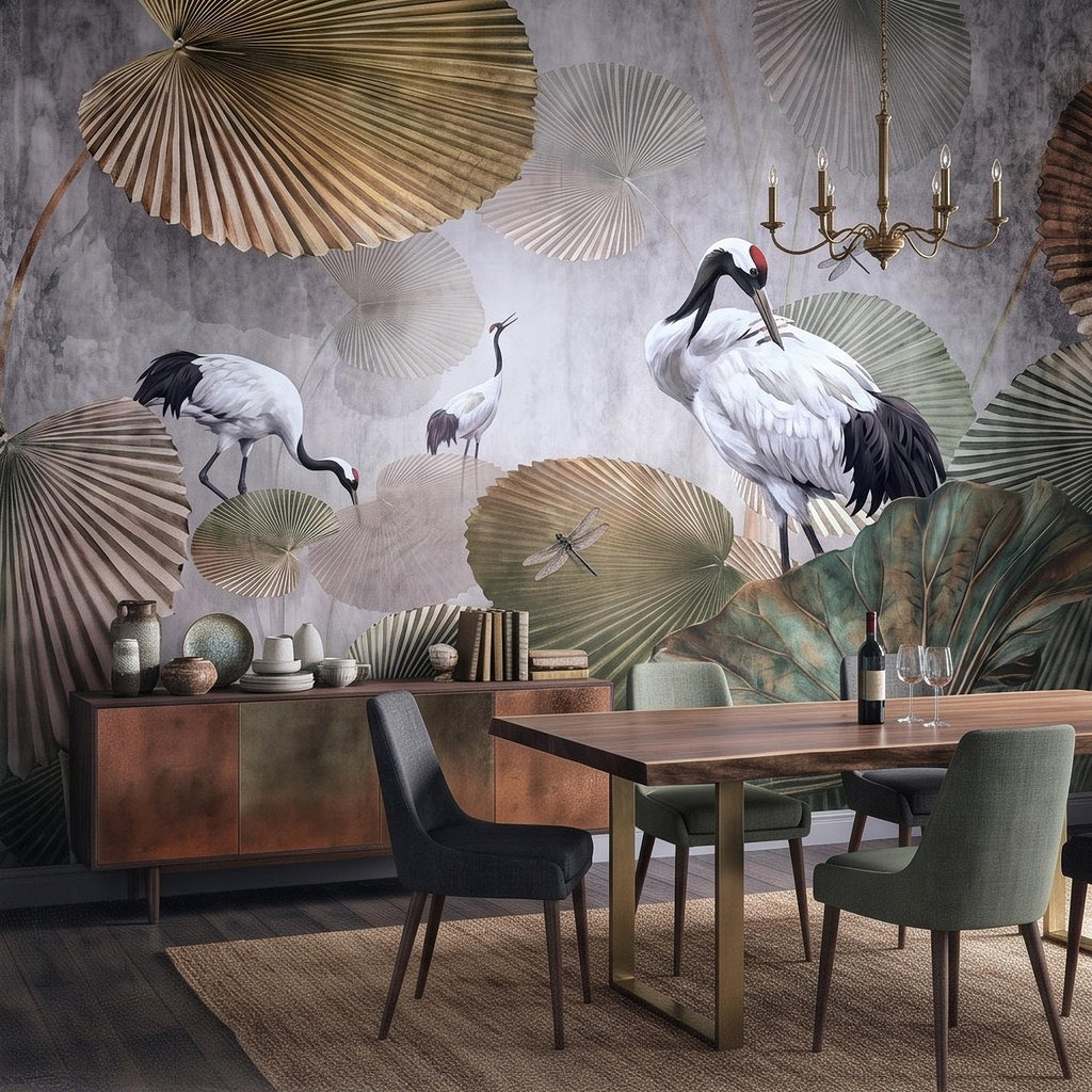 Red Crowned Crane Peel and Stick Wall Mural, Japanese Fan Palm Leaves Dragonflies Oriental Nature Wallpaper
