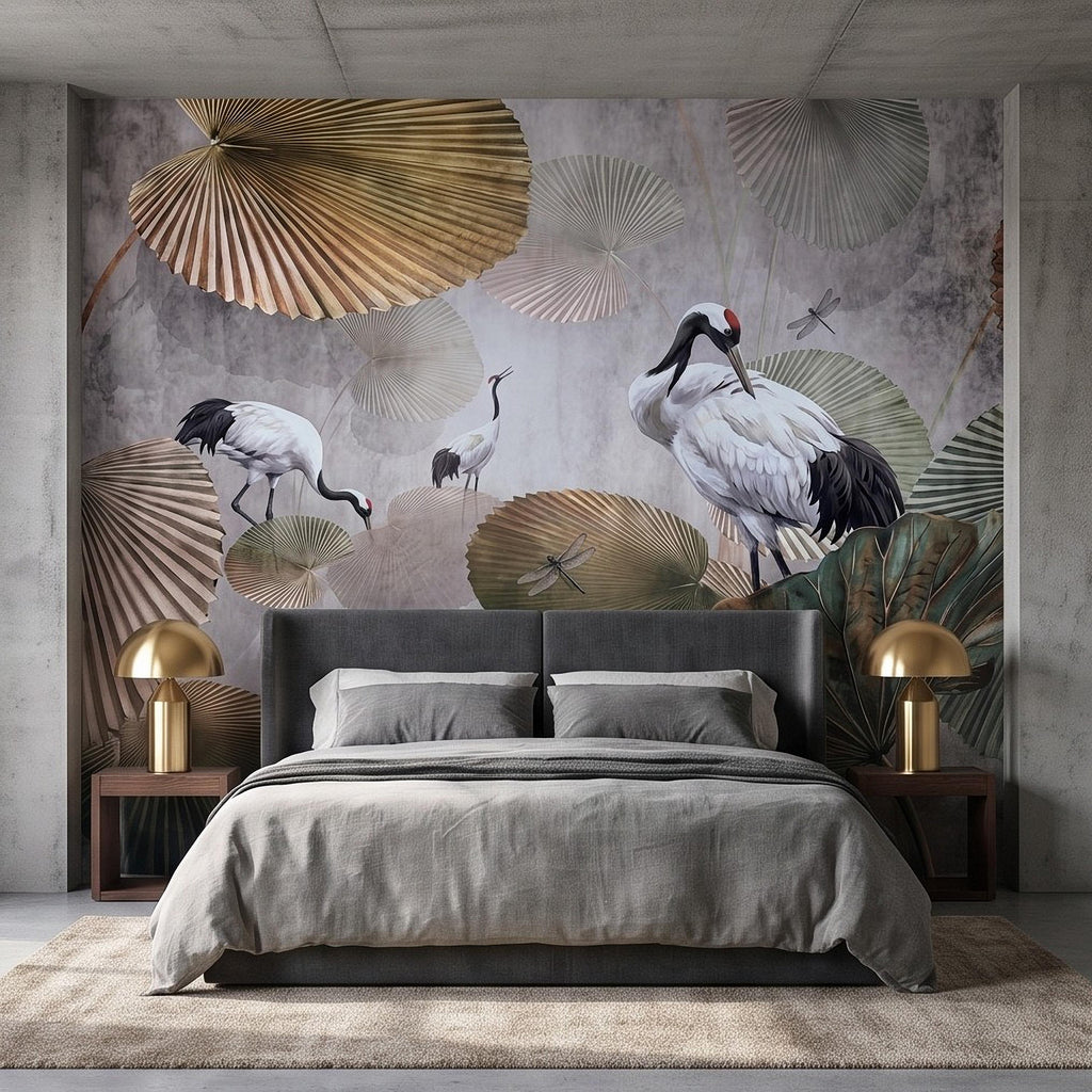 Red Crowned Crane Peel and Stick Wall Mural, Japanese Fan Palm Leaves Dragonflies Oriental Nature Wallpaper