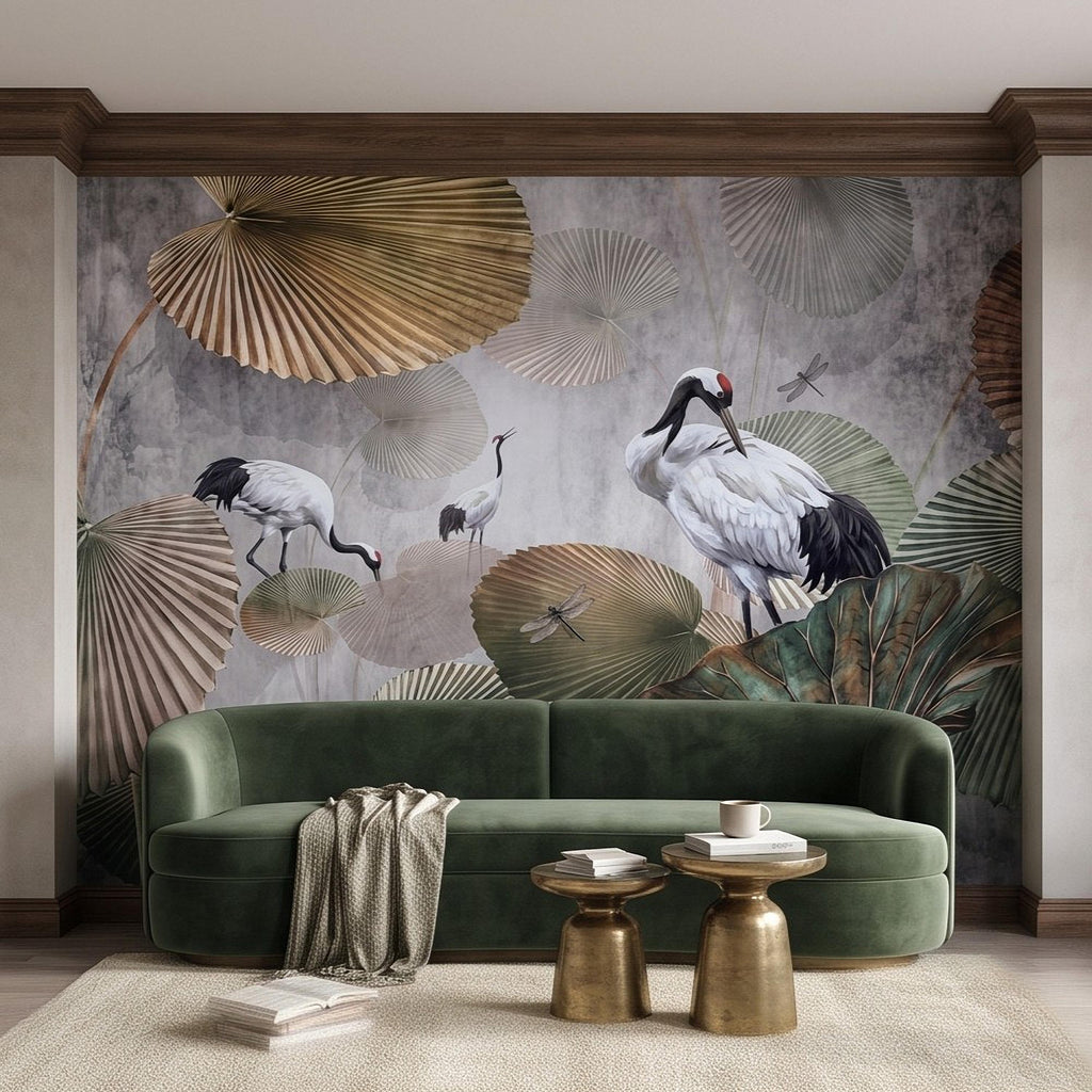 Red Crowned Crane Peel and Stick Wall Mural, Japanese Fan Palm Leaves Dragonflies Oriental Nature Wallpaper