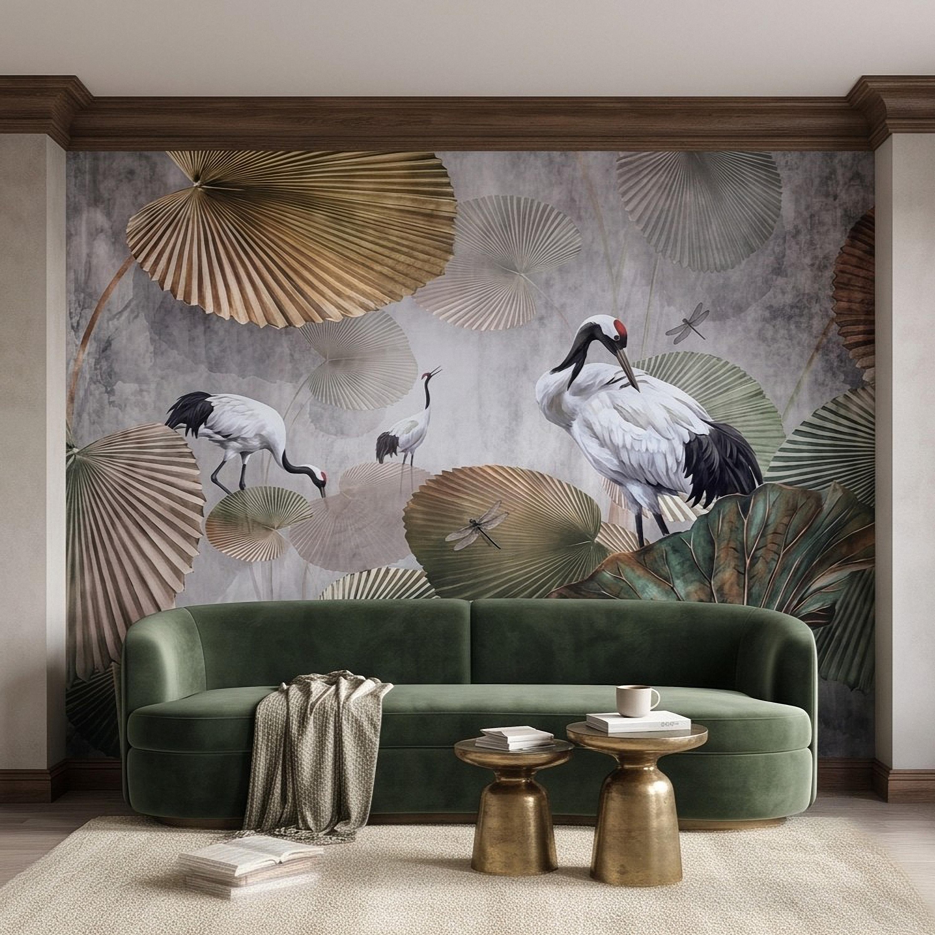 Red Crowned Crane Peel and Stick Wall Mural, Japanese Fan Palm Leaves Dragonflies Oriental Nature Wallpaper