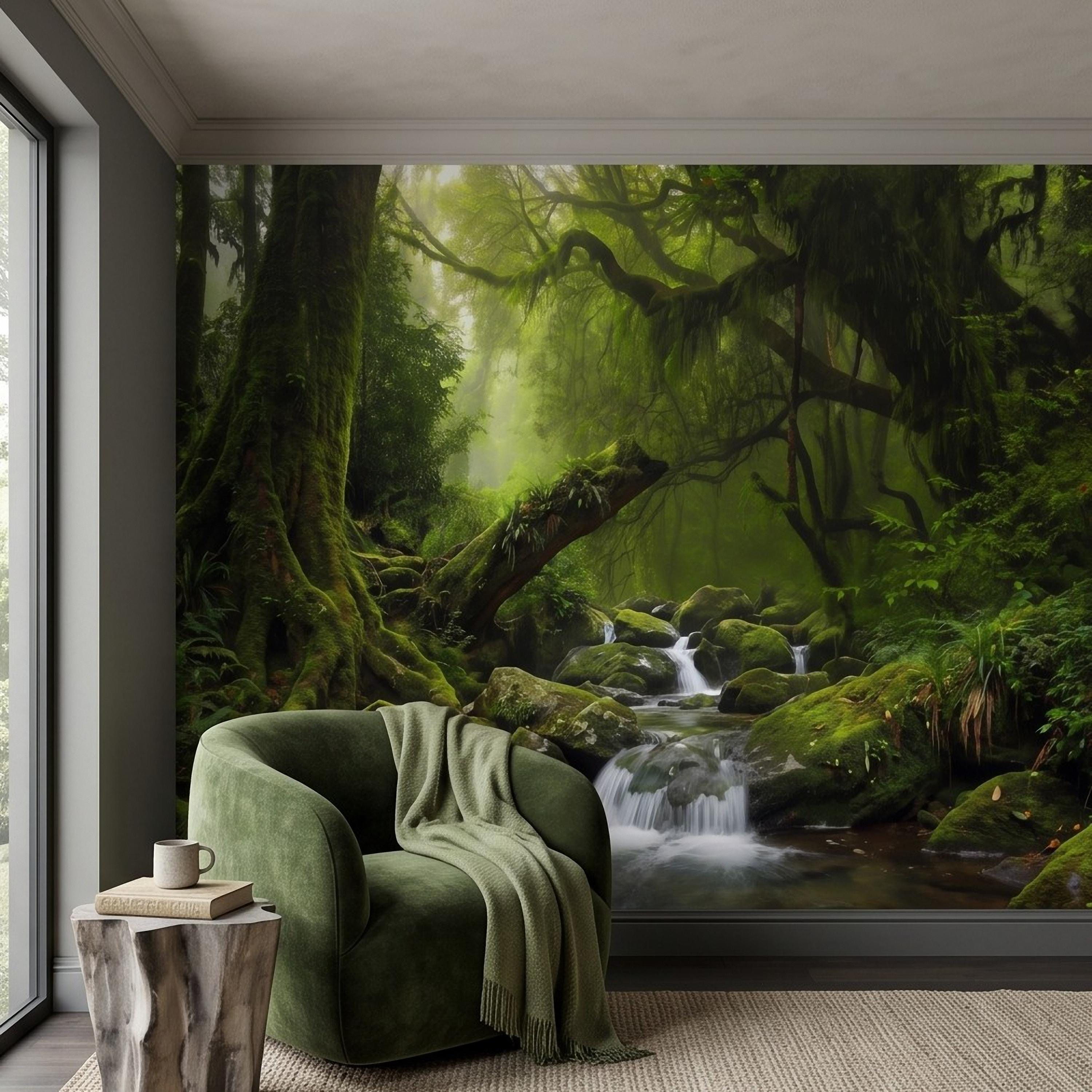 Rainforest Waterfall Peel and Stick Wall Mural, Tropical Jungle Stream Moss Covered Forest Lush Nature Landscape Wallpaper