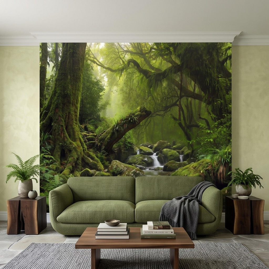 Rainforest Waterfall Peel and Stick Wall Mural, Tropical Jungle Stream Moss Covered Forest Lush Nature Landscape Wallpaper