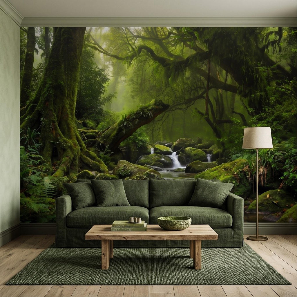 Rainforest Waterfall Peel and Stick Wall Mural, Tropical Jungle Stream Moss Covered Forest Lush Nature Landscape Wallpaper