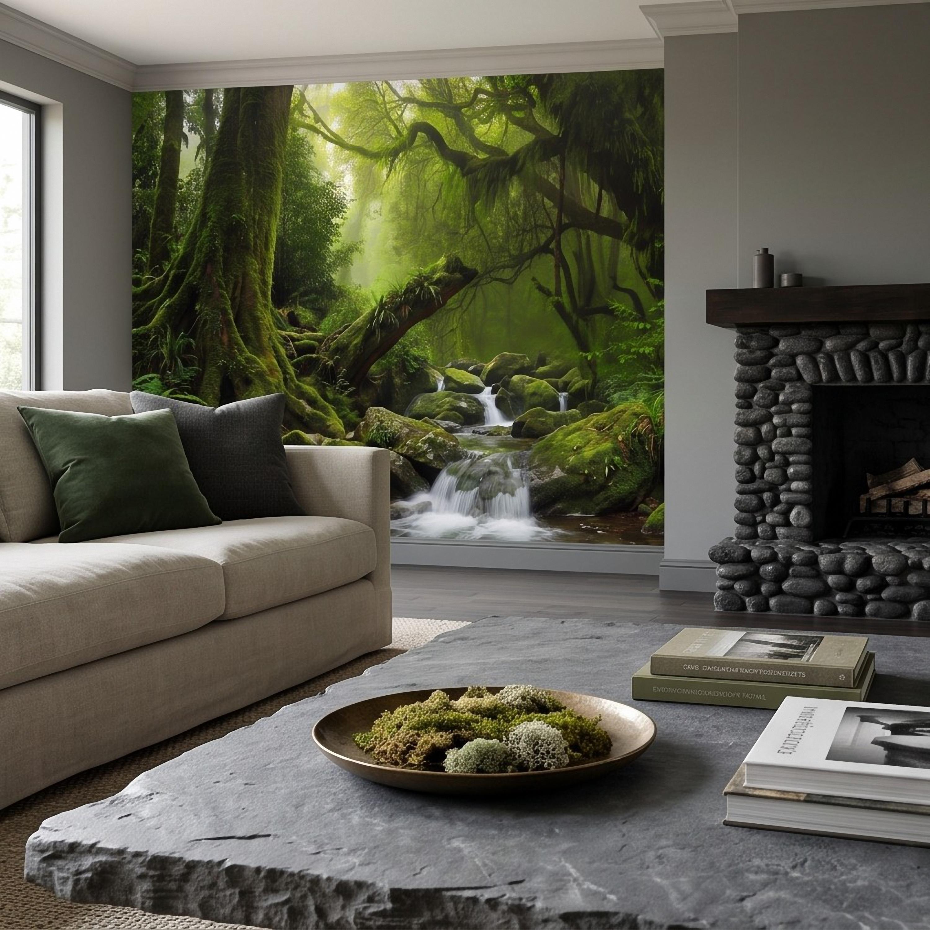 Rainforest Waterfall Peel and Stick Wall Mural, Tropical Jungle Stream Moss Covered Forest Lush Nature Landscape Wallpaper