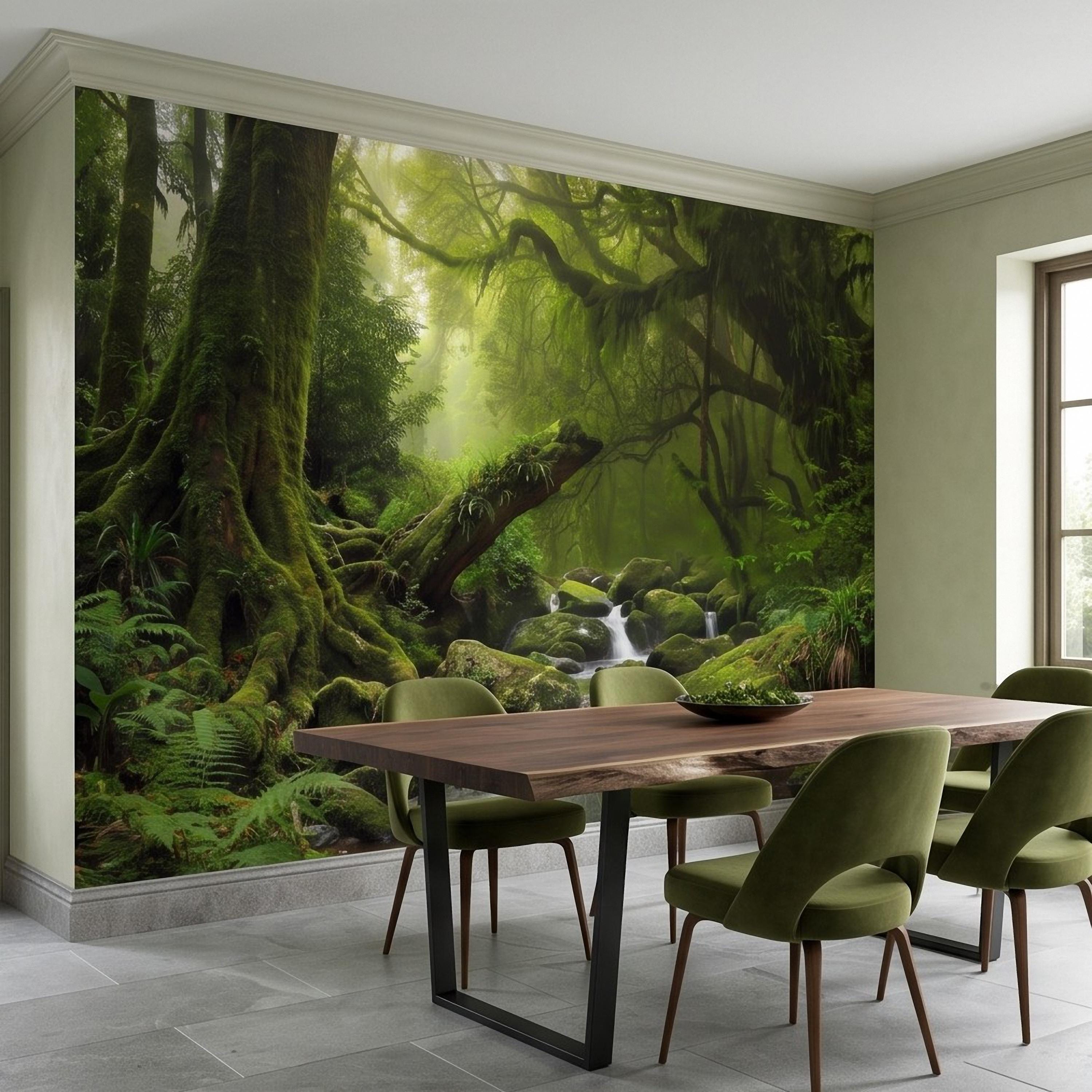 Rainforest Waterfall Peel and Stick Wall Mural, Tropical Jungle Stream Moss Covered Forest Lush Nature Landscape Wallpaper