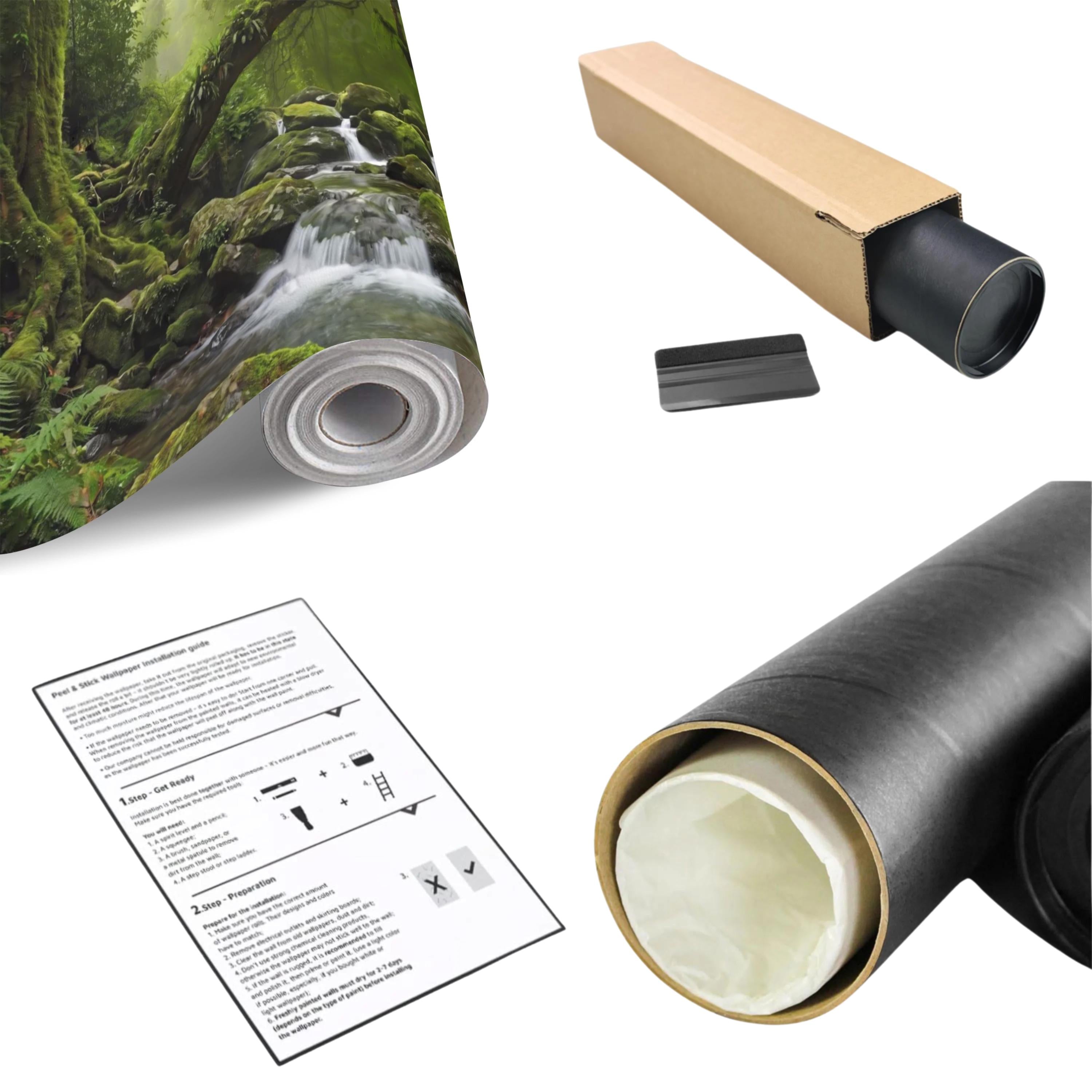 Rainforest Waterfall Peel and Stick Wall Mural, Tropical Jungle Stream Moss Covered Forest Lush Nature Landscape Wallpaper