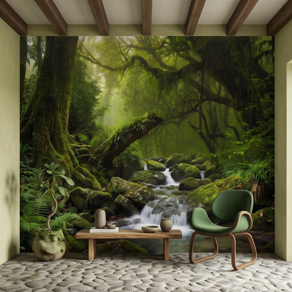 Rainforest Waterfall Peel and Stick Wall Mural, Tropical Jungle Stream Moss Covered Forest Lush Nature Landscape Wallpaper
