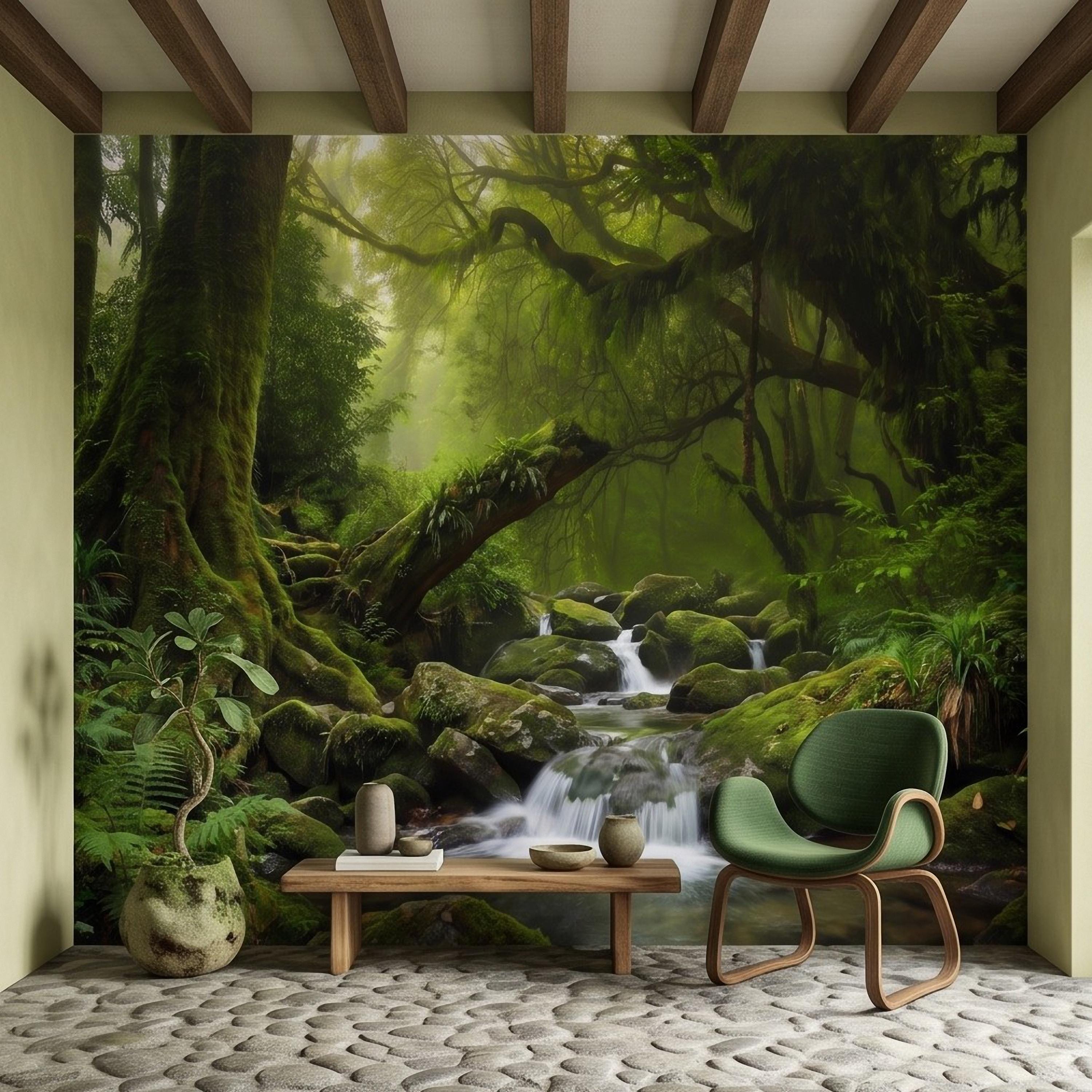 Rainforest Waterfall Peel and Stick Wall Mural, Tropical Jungle Stream Moss Covered Forest Lush Nature Landscape Wallpaper