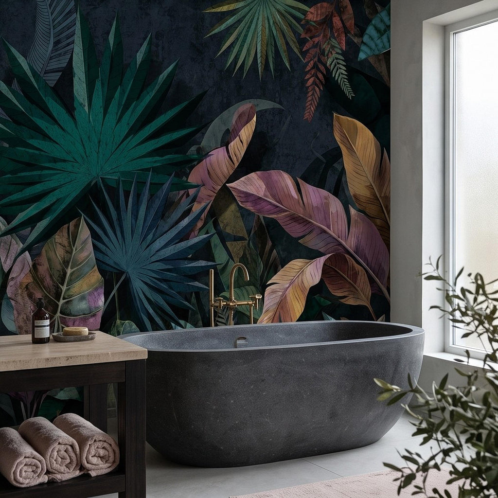 Dark Botanical Peel and Stick Wall Mural, Jungle Palm Banana Leaves, Exotic Lush Foliage Moody Nature Wallpaper