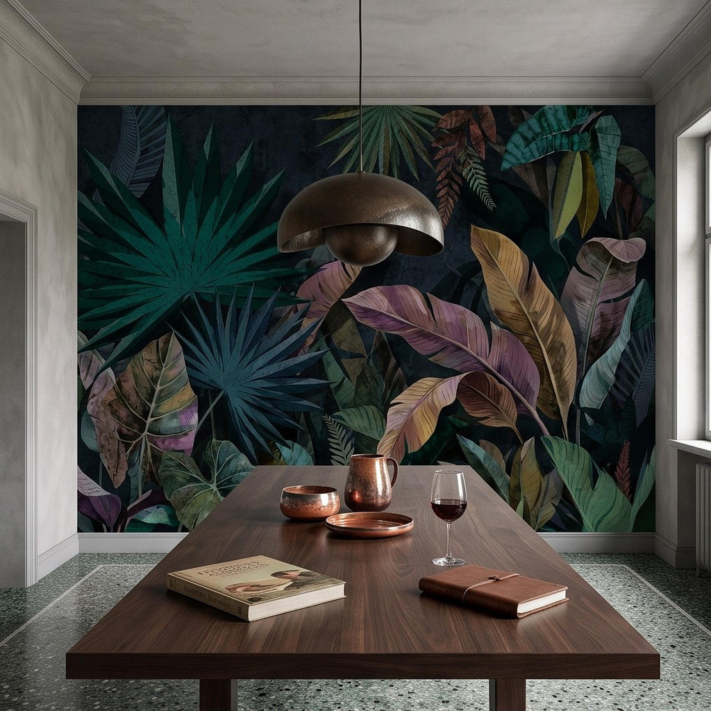 Dark Botanical Peel and Stick Wall Mural, Jungle Palm Banana Leaves, Exotic Lush Foliage Moody Nature Wallpaper