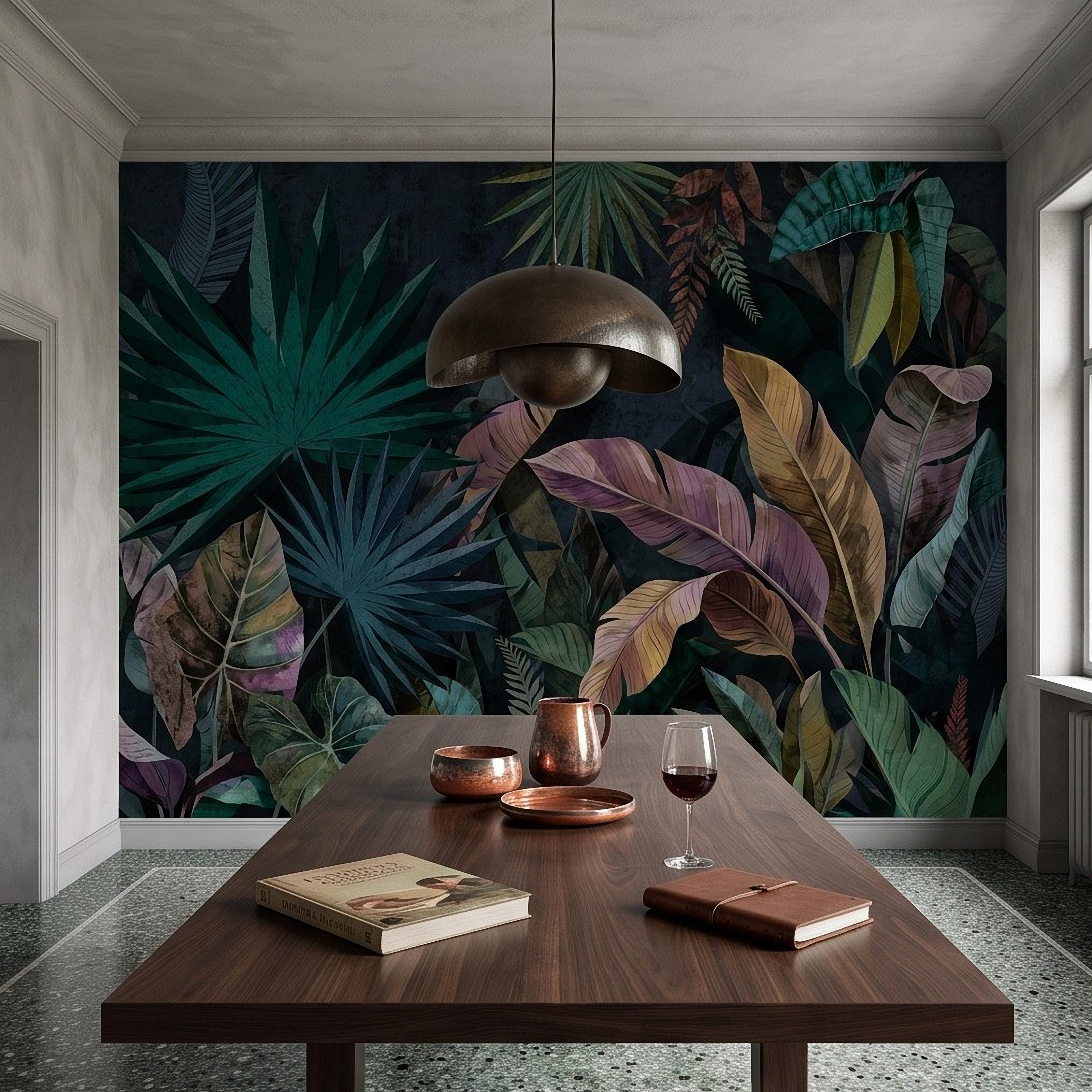Dark Botanical Peel and Stick Wall Mural, Jungle Palm Banana Leaves, Exotic Lush Foliage Moody Nature Wallpaper