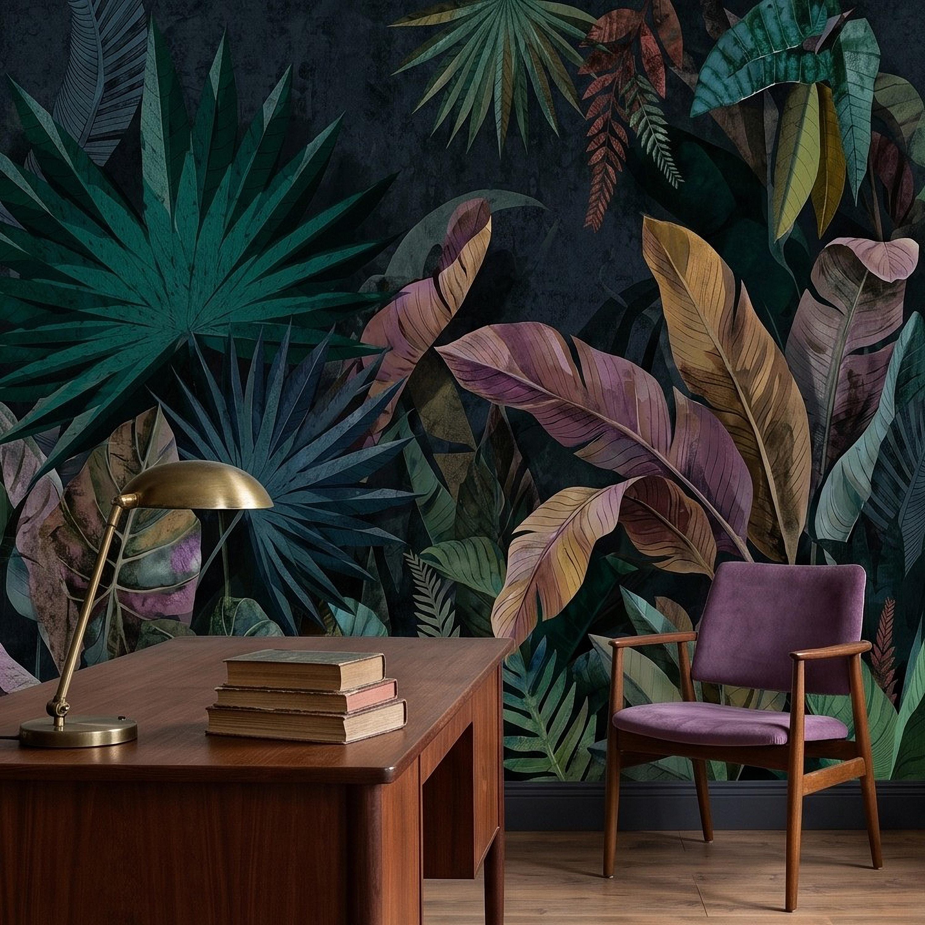 Dark Botanical Peel and Stick Wall Mural, Jungle Palm Banana Leaves, Exotic Lush Foliage Moody Nature Wallpaper