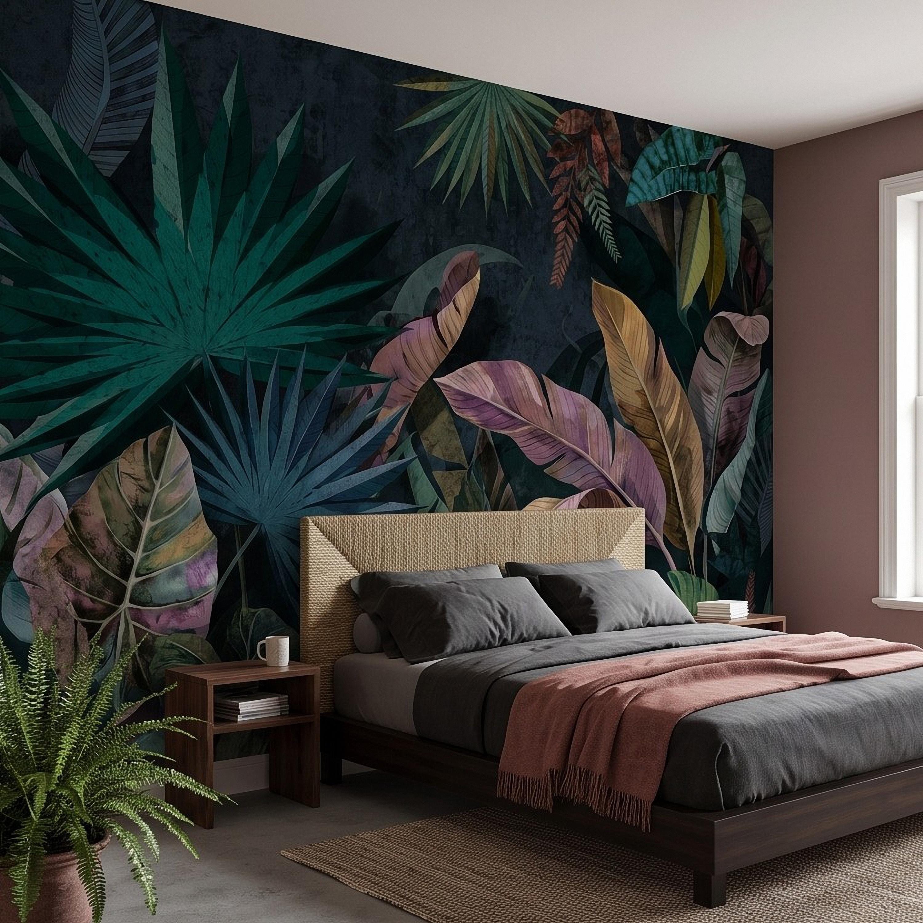 Dark Botanical Peel and Stick Wall Mural, Jungle Palm Banana Leaves, Exotic Lush Foliage Moody Nature Wallpaper