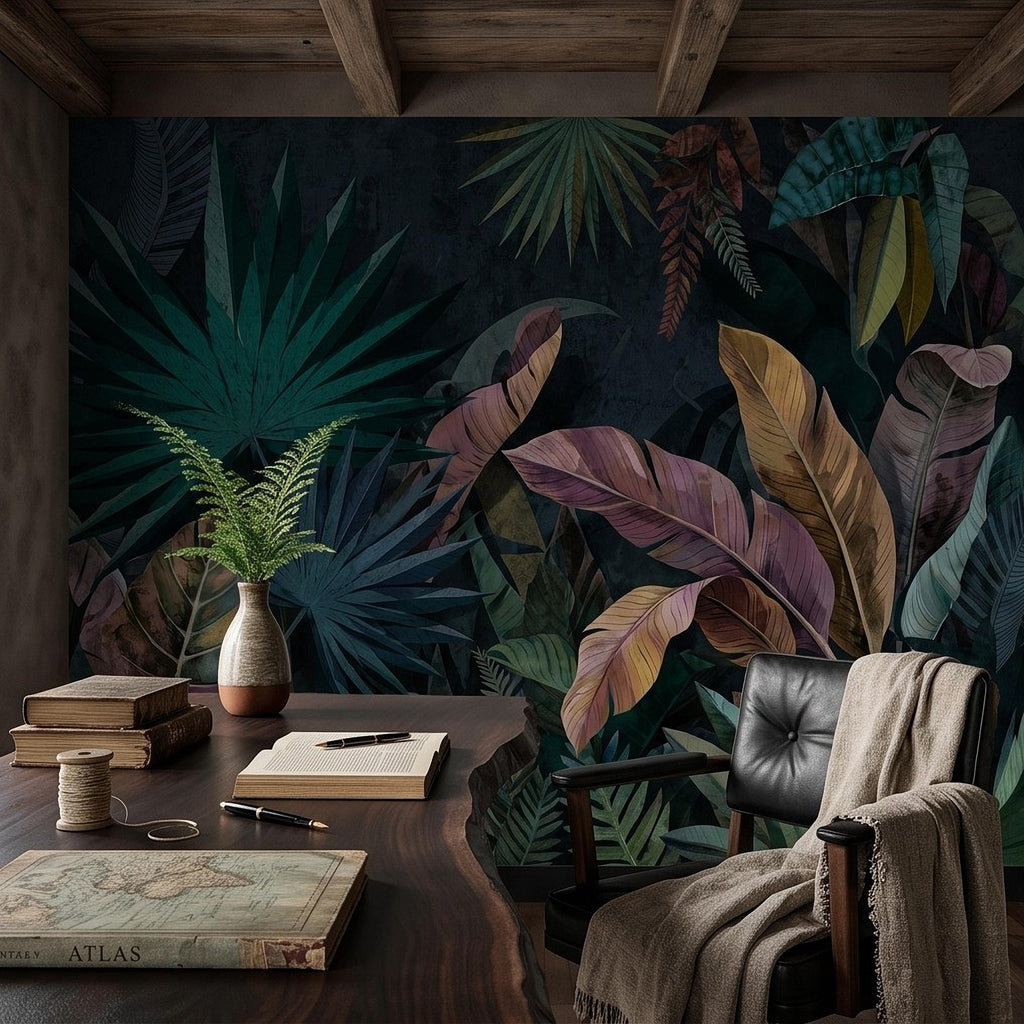 Dark Botanical Peel and Stick Wall Mural, Jungle Palm Banana Leaves, Exotic Lush Foliage Moody Nature Wallpaper