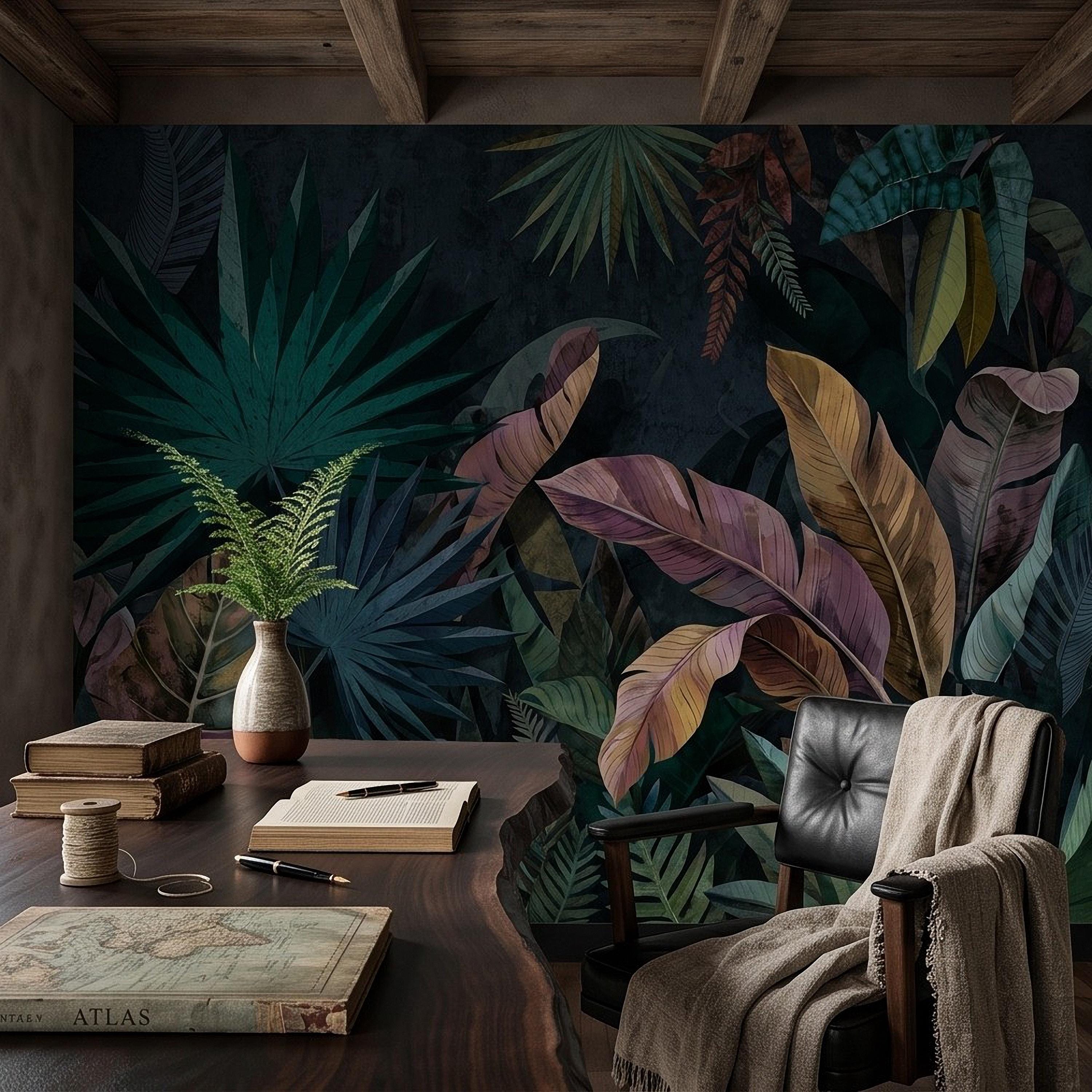 Dark Botanical Peel and Stick Wall Mural, Jungle Palm Banana Leaves, Exotic Lush Foliage Moody Nature Wallpaper