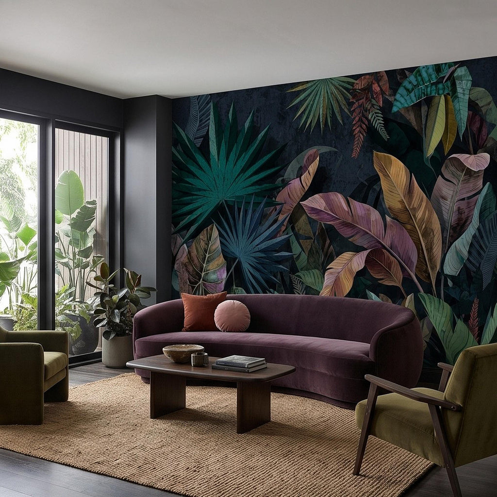 Dark Botanical Peel and Stick Wall Mural, Jungle Palm Banana Leaves, Exotic Lush Foliage Moody Nature Wallpaper