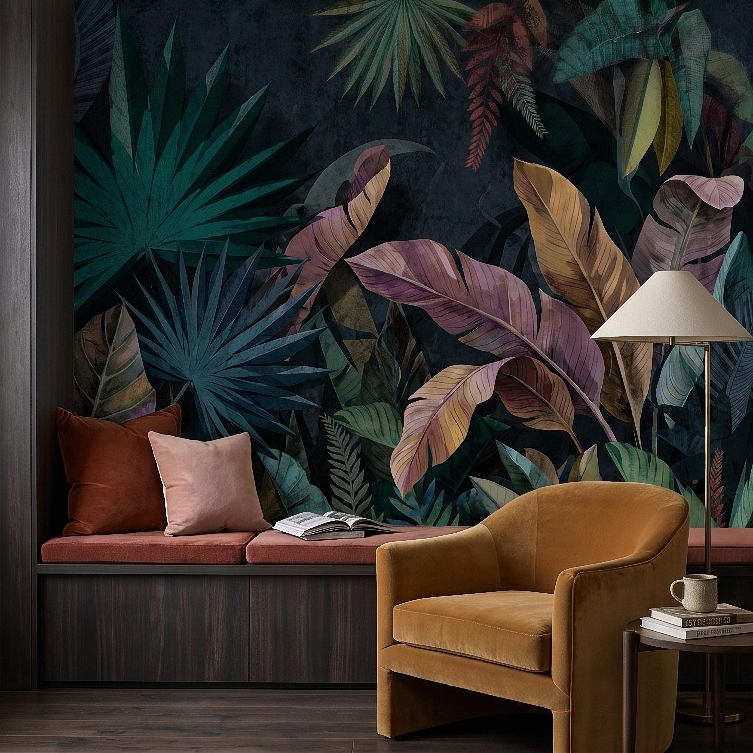Dark Botanical Peel and Stick Wall Mural, Jungle Palm Banana Leaves, Exotic Lush Foliage Moody Nature Wallpaper