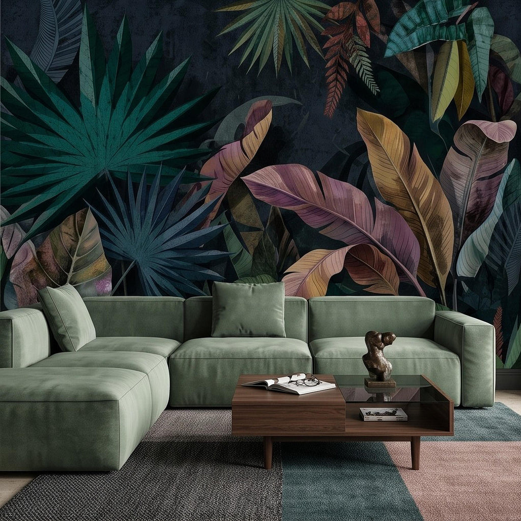 Dark Botanical Peel and Stick Wall Mural, Jungle Palm Banana Leaves, Exotic Lush Foliage Moody Nature Wallpaper