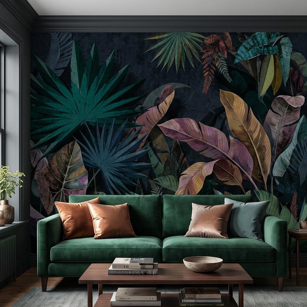 Dark Botanical Peel and Stick Wall Mural, Jungle Palm Banana Leaves, Exotic Lush Foliage Moody Nature Wallpaper