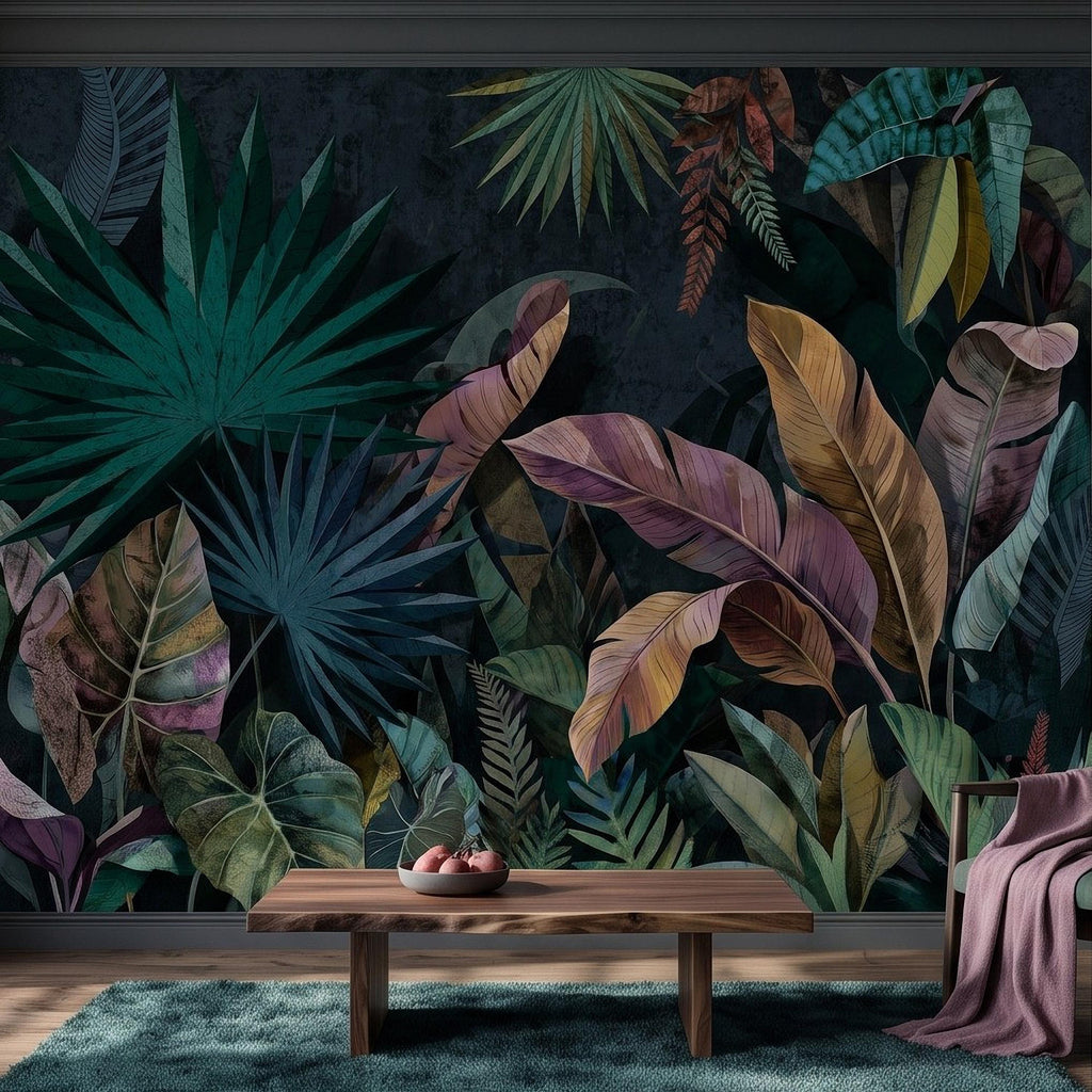 Dark Botanical Peel and Stick Wall Mural, Jungle Palm Banana Leaves, Exotic Lush Foliage Moody Nature Wallpaper