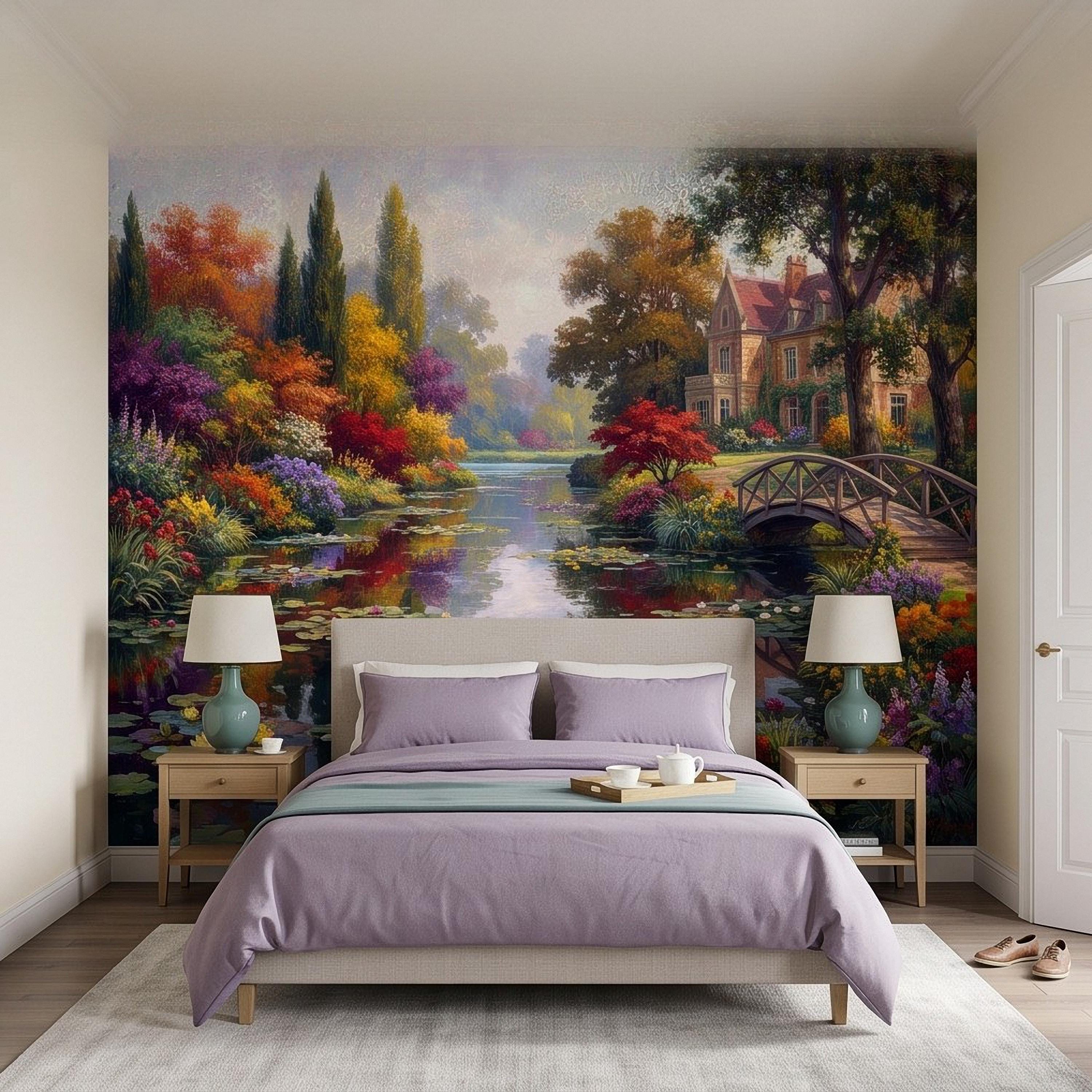 English Garden Peel and Stick Wall Mural, Impressionist Estate Landscape Lily Pond and Footbridge Cottage Wallpaper