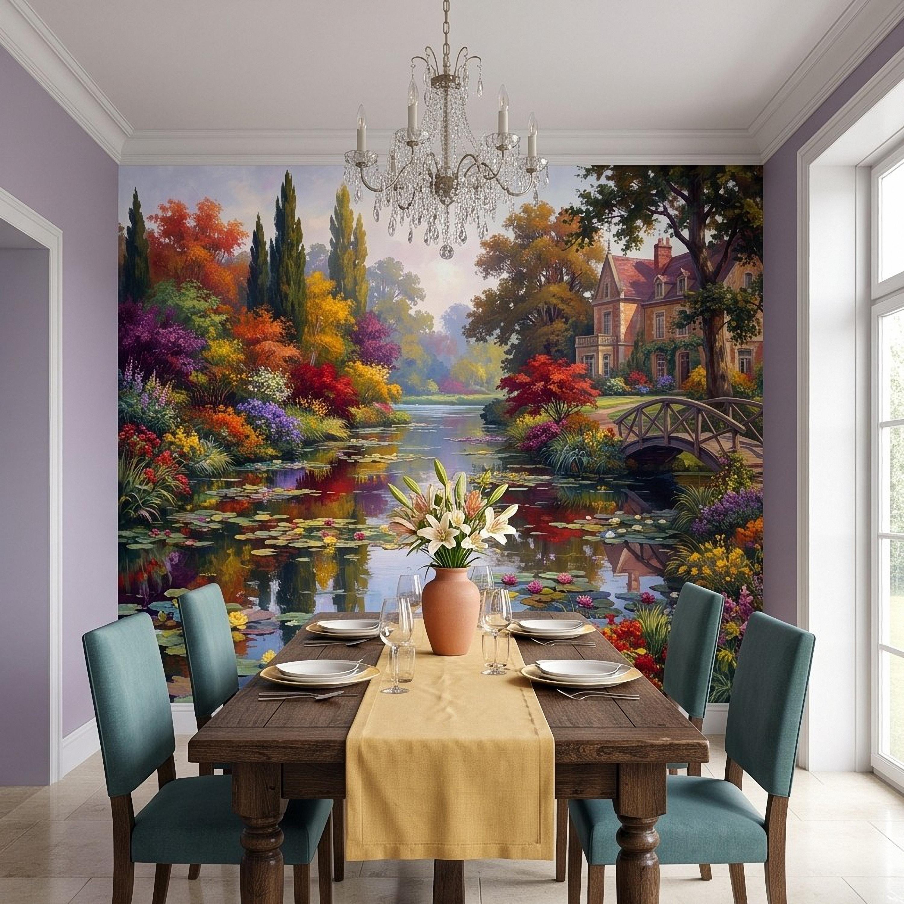 English Garden Peel and Stick Wall Mural, Impressionist Estate Landscape Lily Pond and Footbridge Cottage Wallpaper
