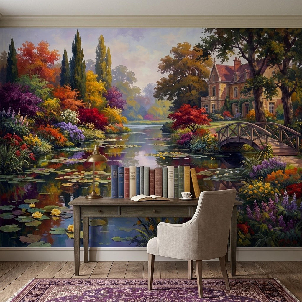English Garden Peel and Stick Wall Mural, Impressionist Estate Landscape Lily Pond and Footbridge Cottage Wallpaper